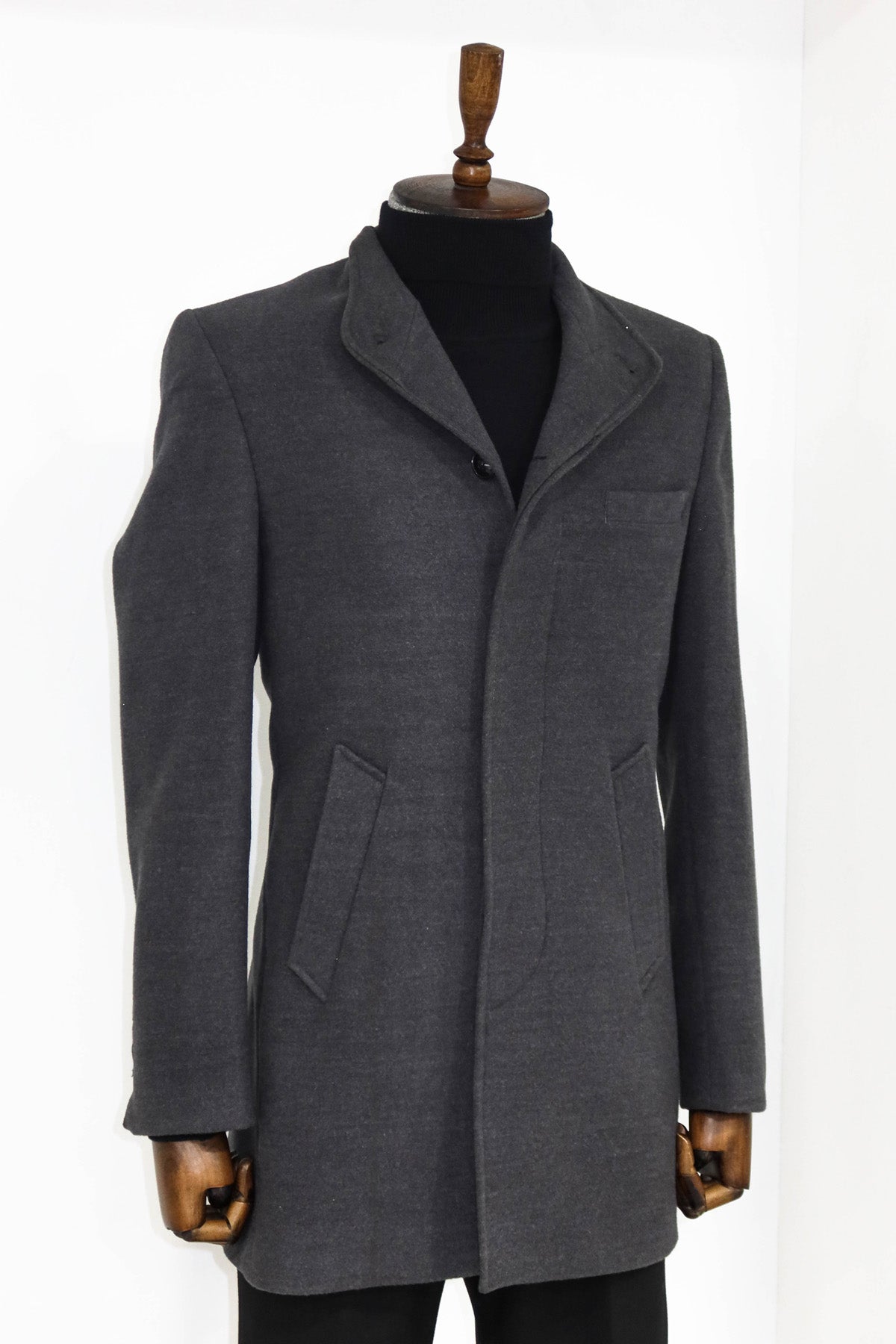 Mandarin Collar Grey Men's Long Men's Coat