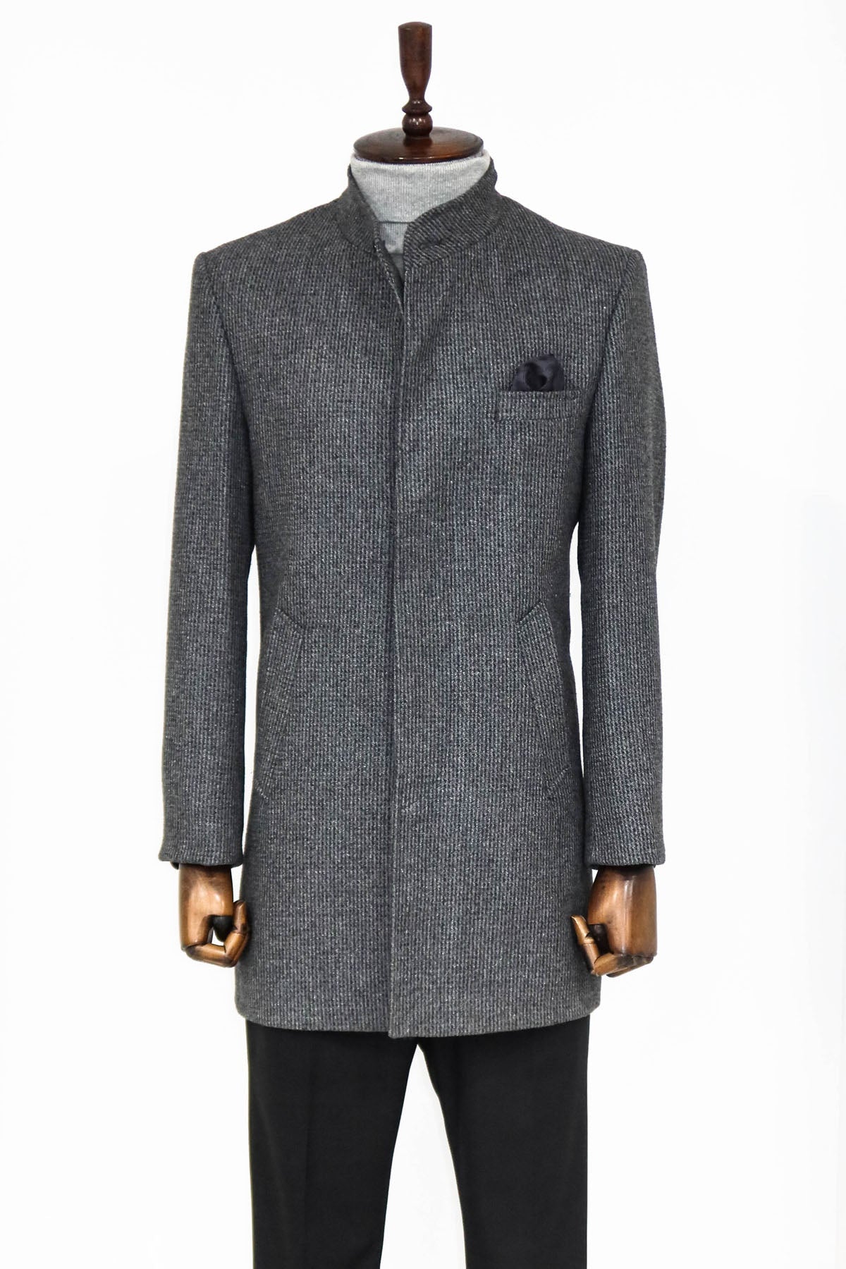 Standing Collar Patterned Grey Men Coat
