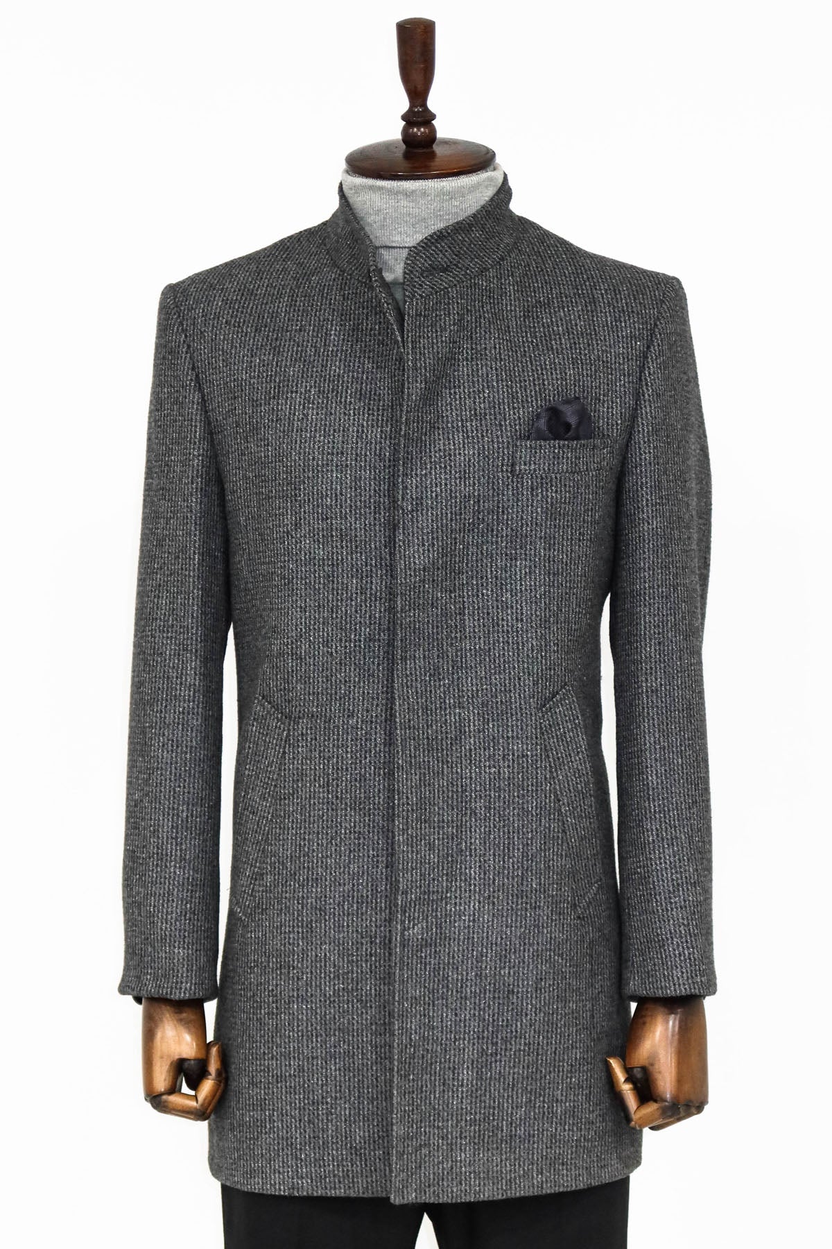 Standing Collar Patterned Grey Men Coat