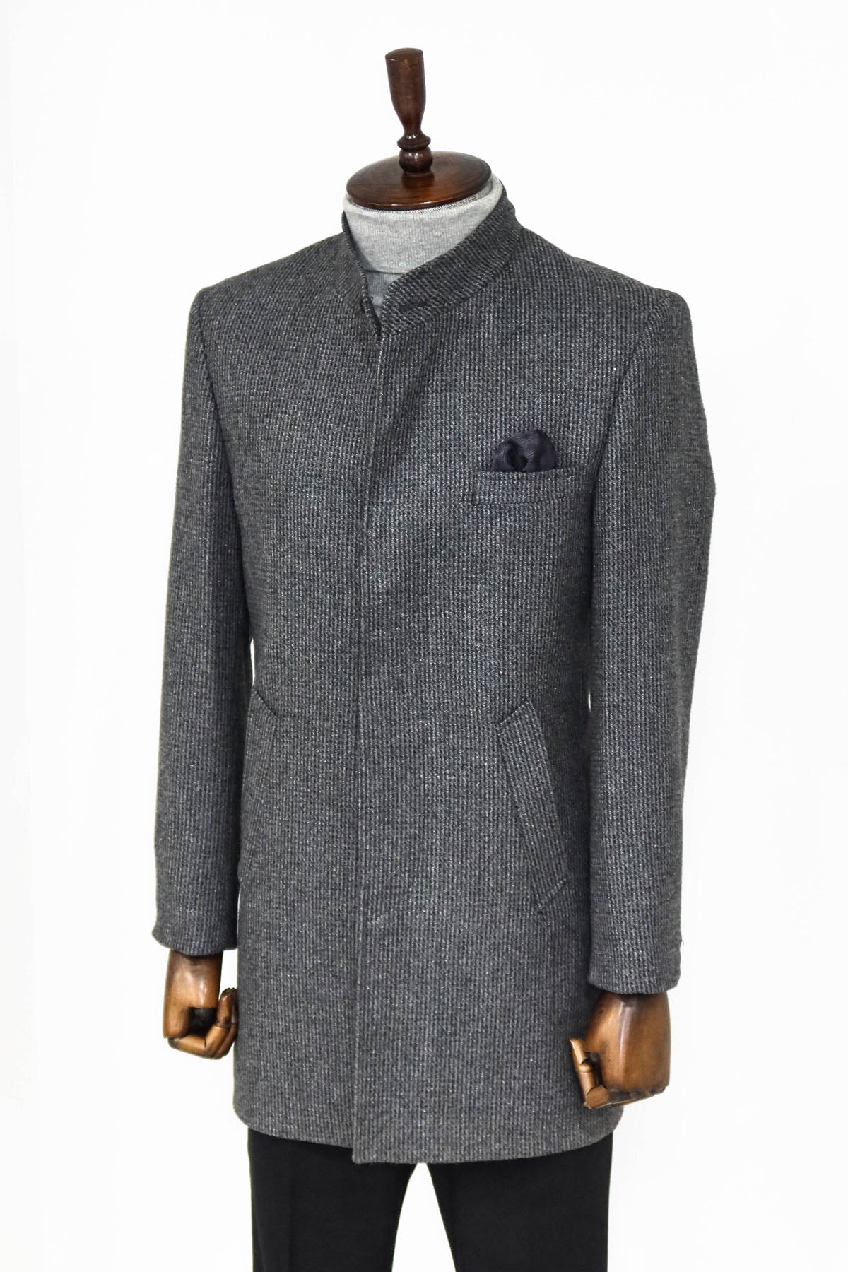 Standing Collar Patterned Grey Men Coat