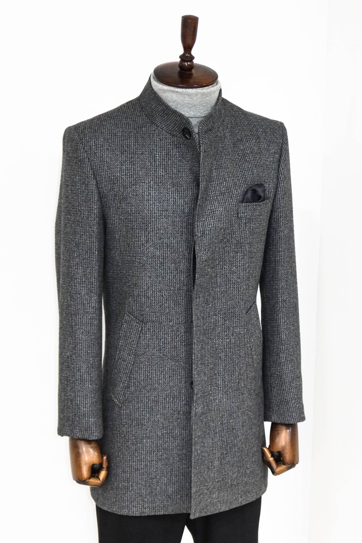 Standing Collar Patterned Grey Men Coat