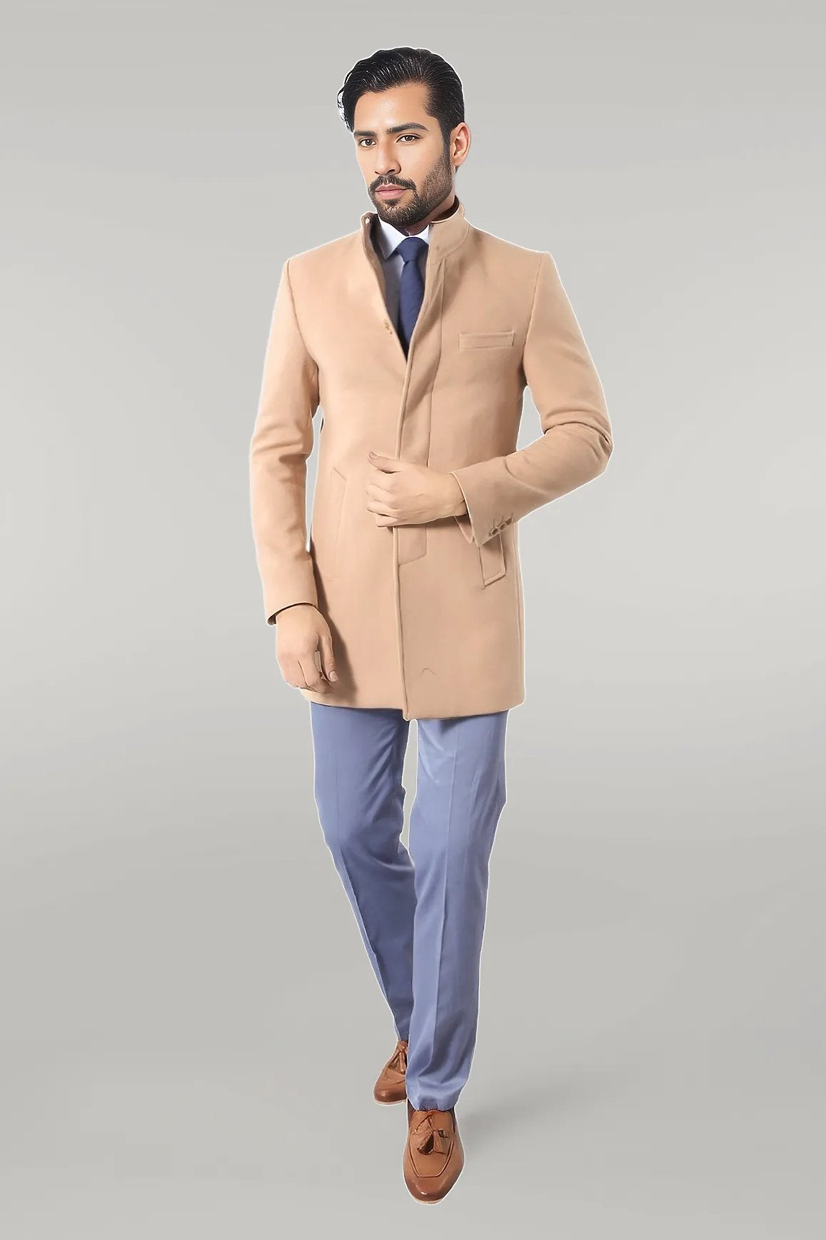 Mandarin Collar Beige Men's Long Men's Coat