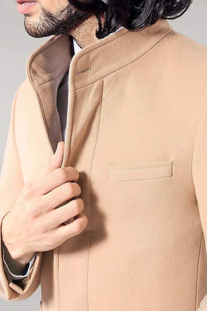 Mandarin Collar Beige Men's Long Men's Coat