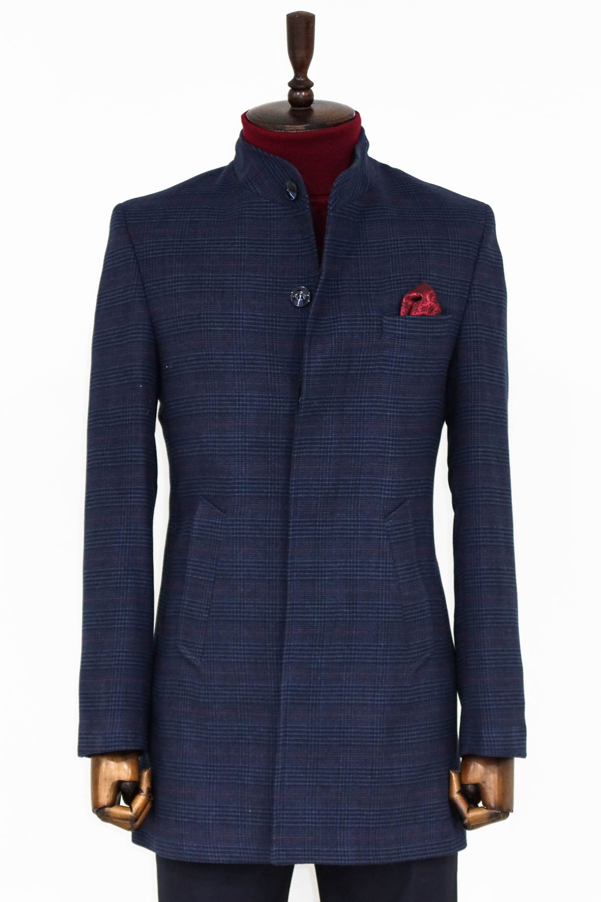 Standing Collar Checked Navy Blue Men Coat