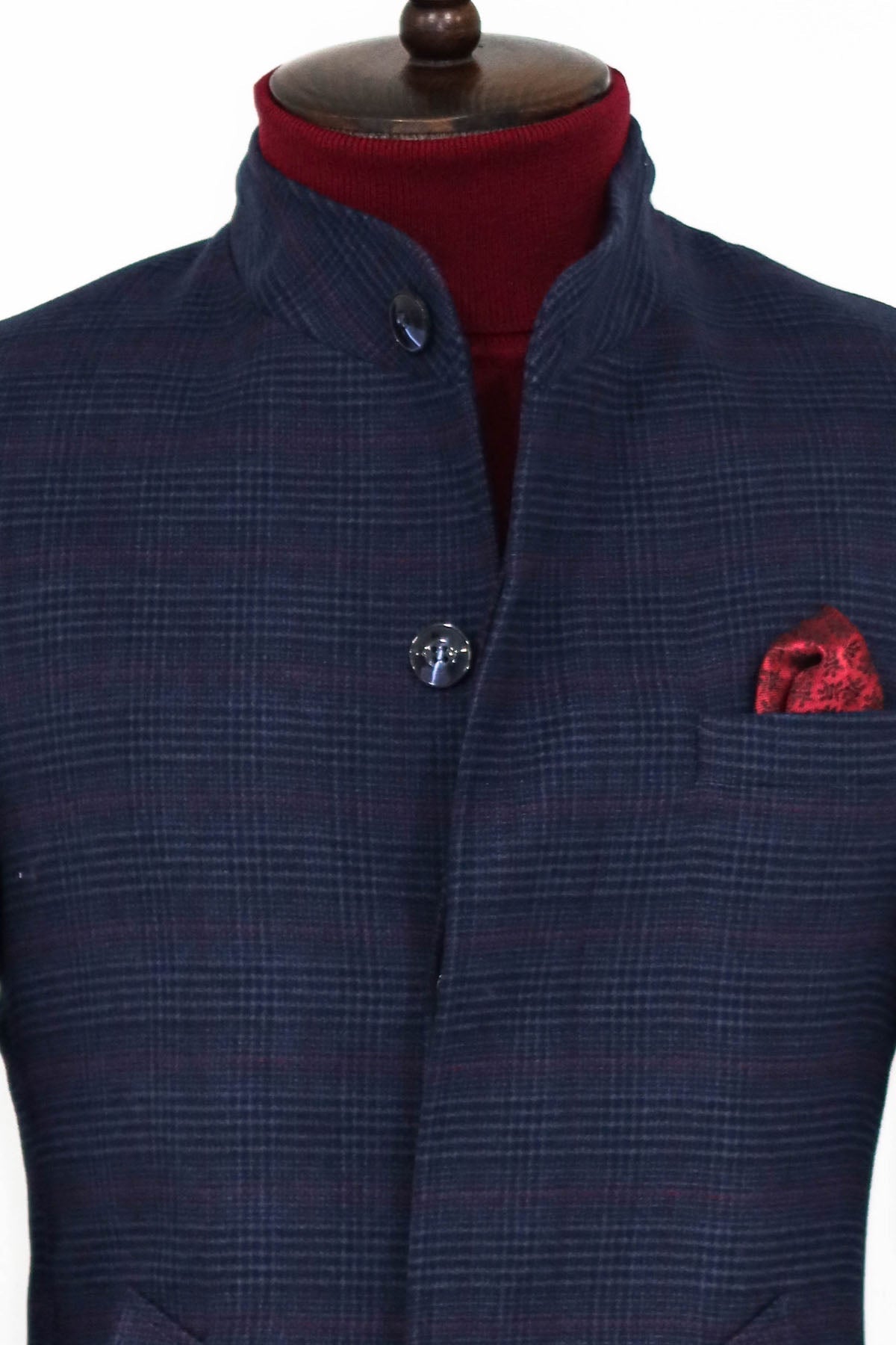 Standing Collar Checked Navy Blue Men Coat