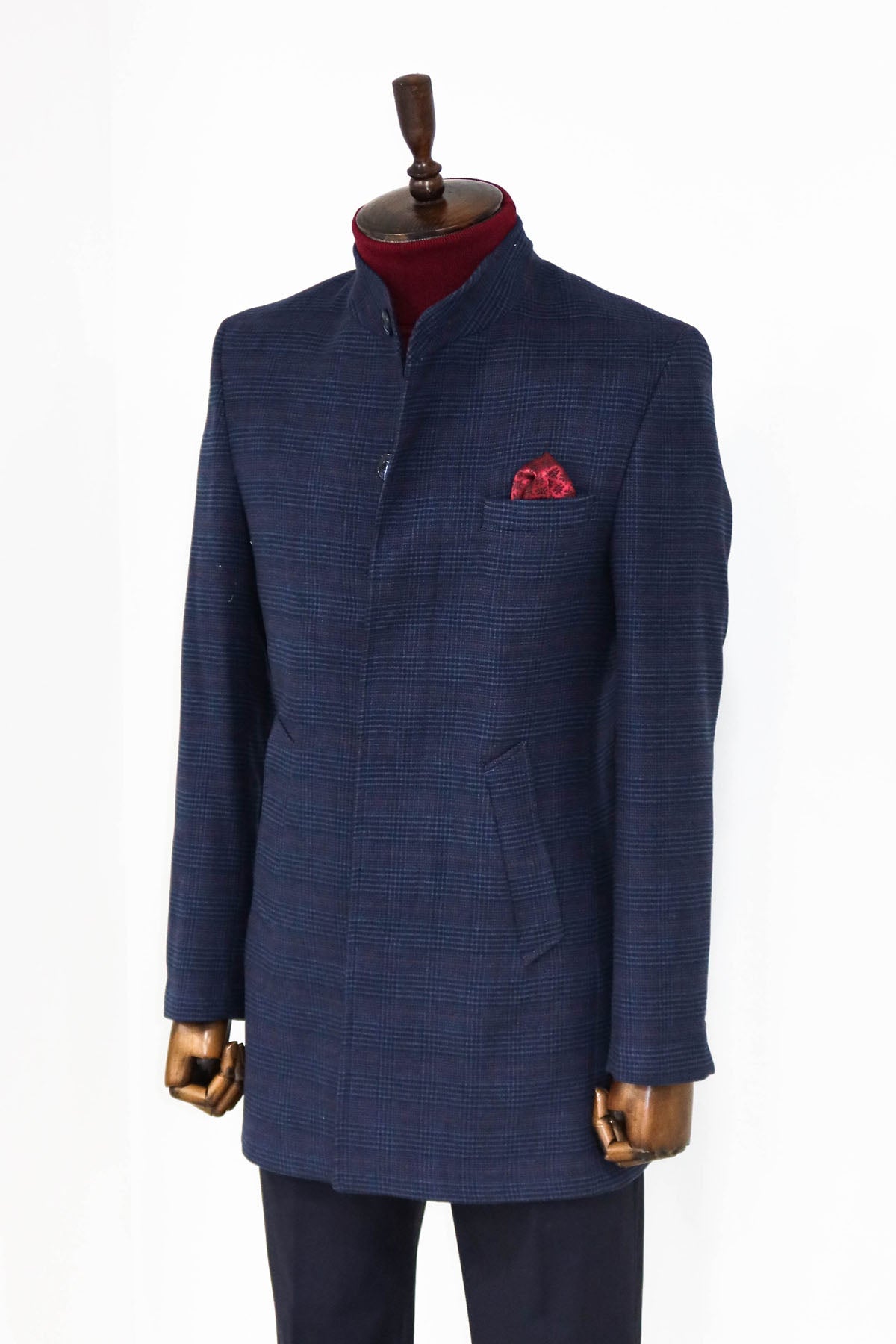 Standing Collar Checked Navy Blue Men Coat