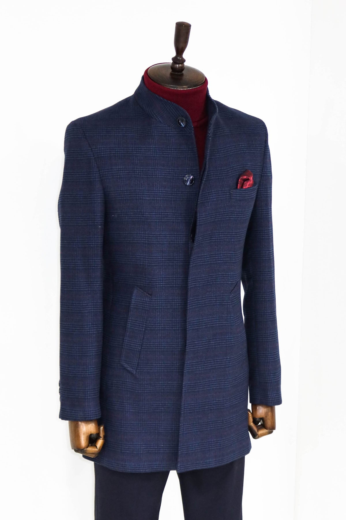Standing Collar Checked Navy Blue Men Coat