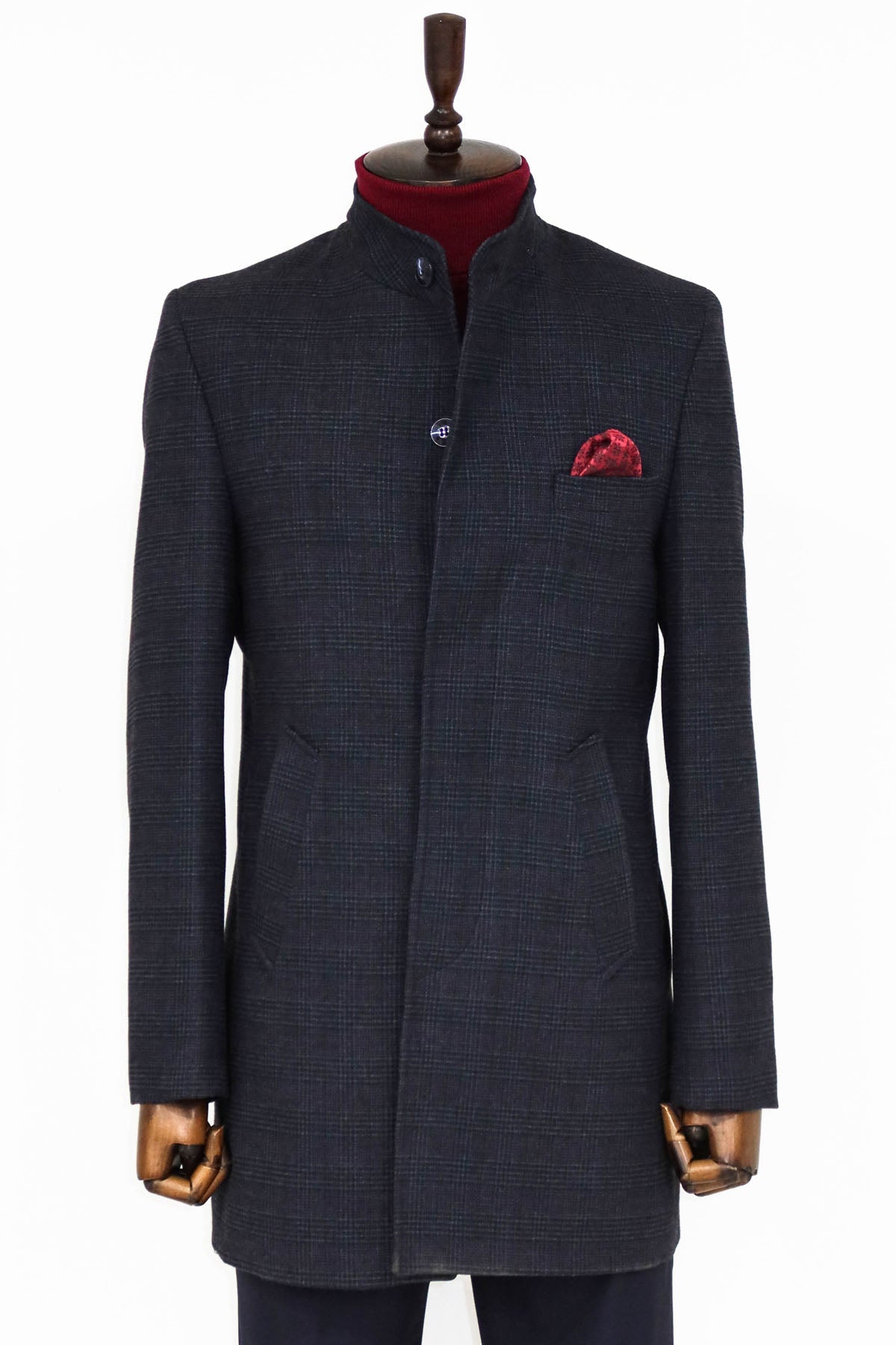 Standing Collar Checked Navy Blue Men Coat