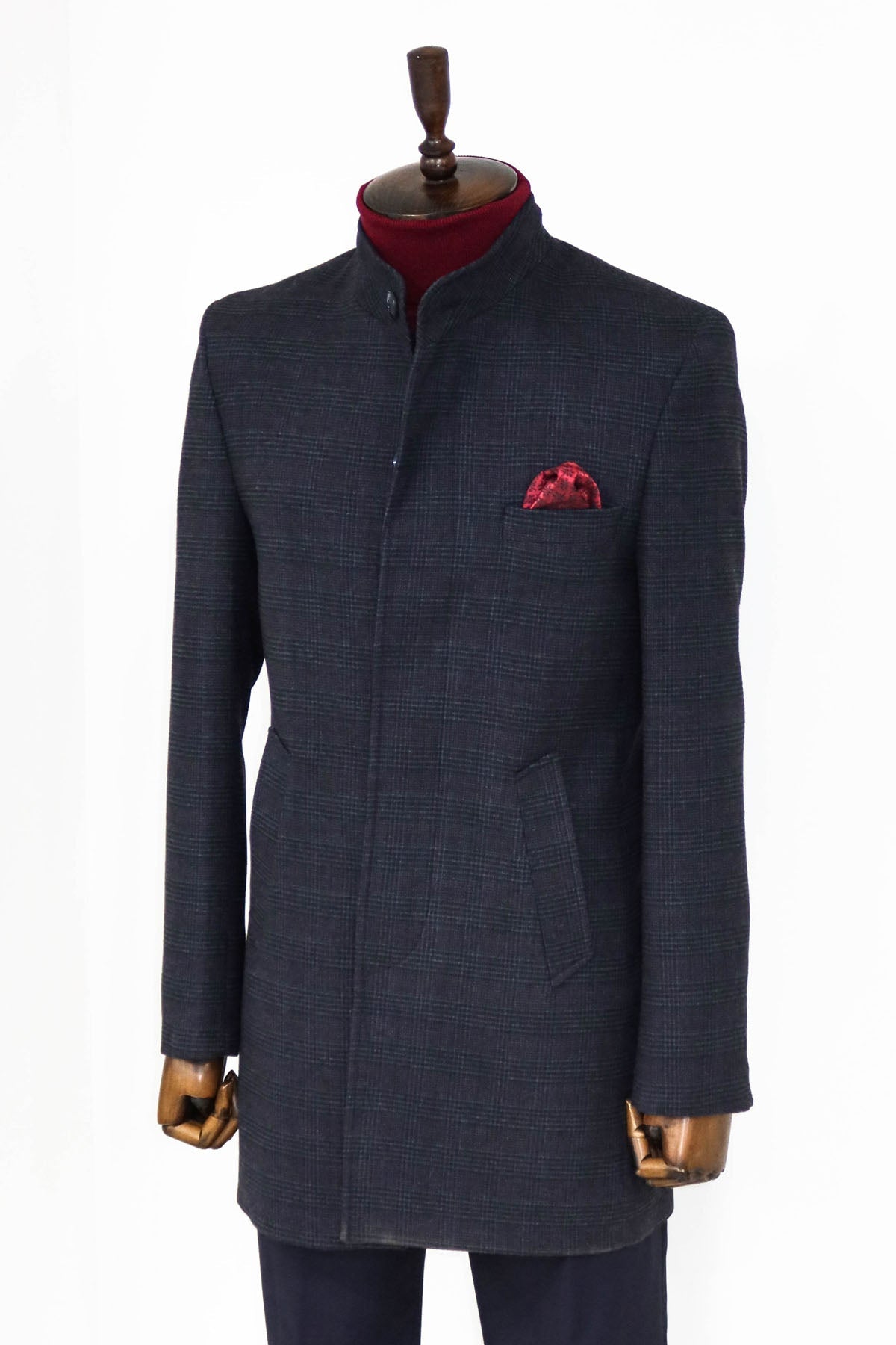 Standing Collar Checked Navy Blue Men Coat