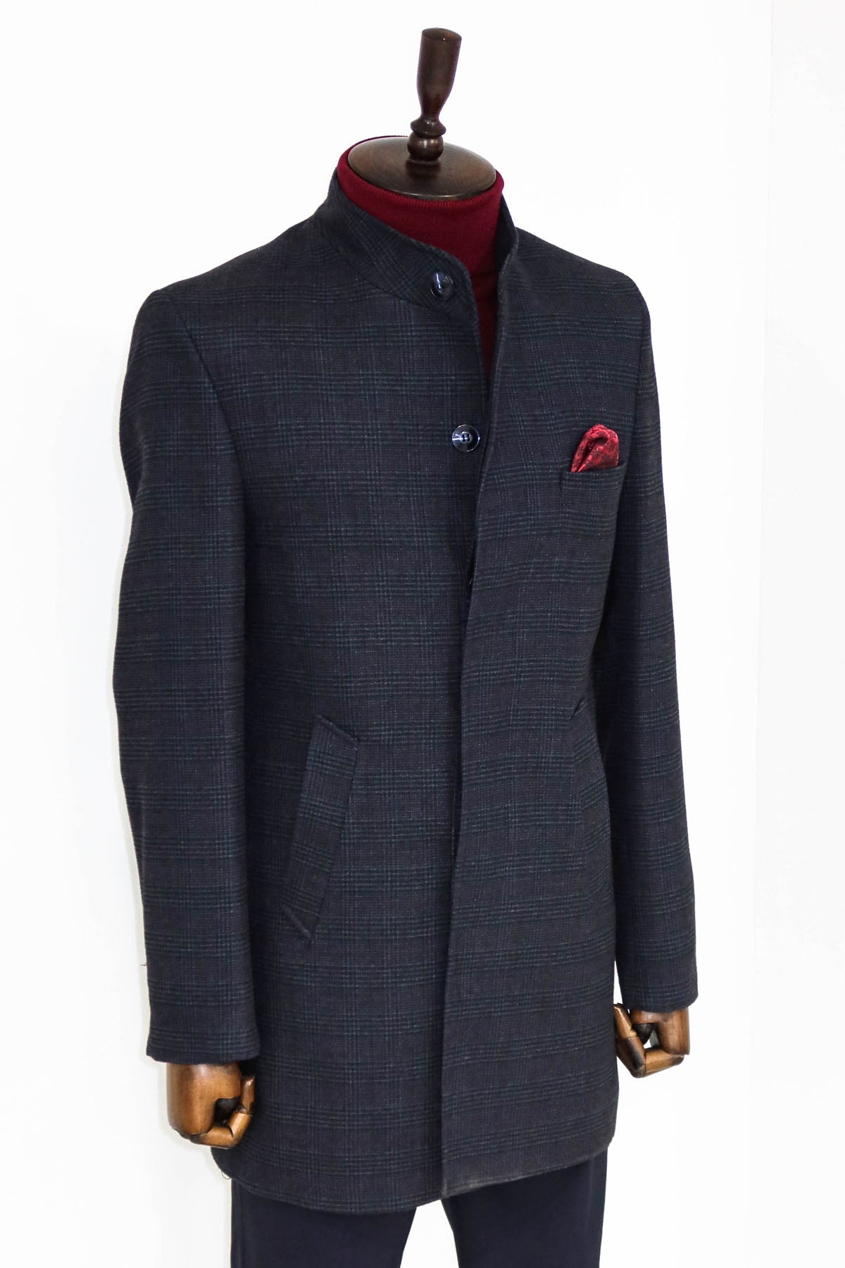 Standing Collar Checked Navy Blue Men Coat