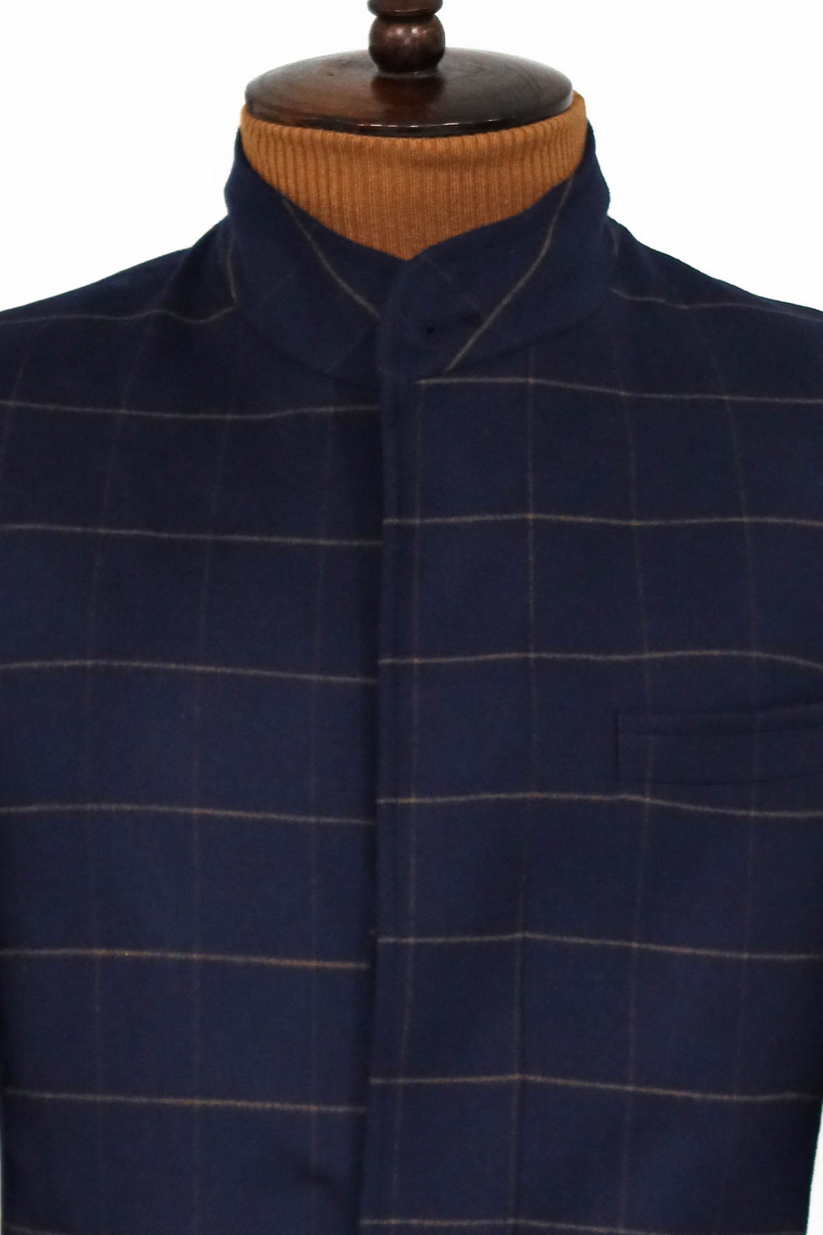 Plaid Standing Collar Navy Blue Men Coat