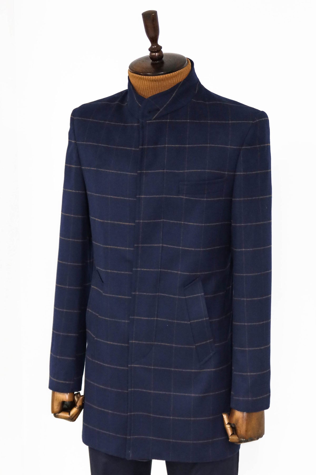 Plaid Standing Collar Navy Blue Men Coat