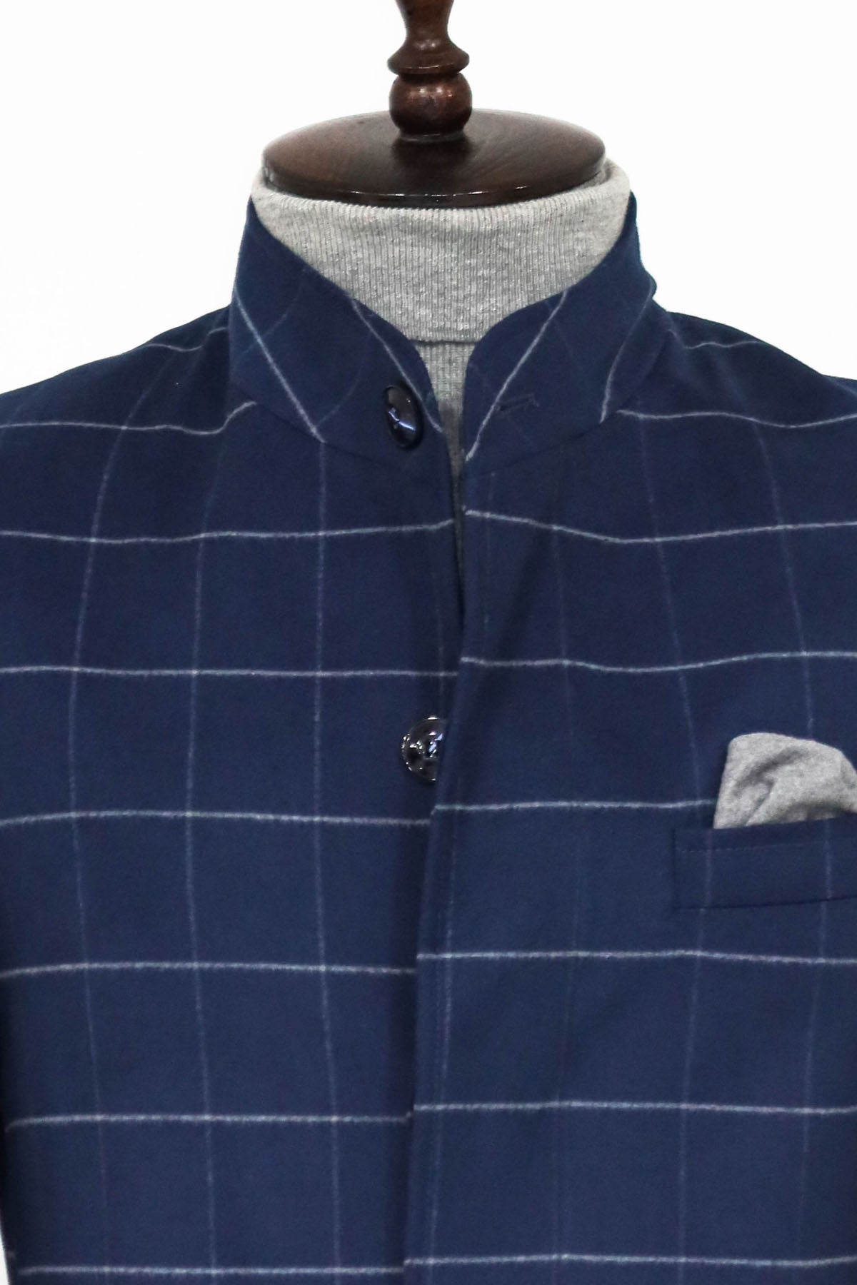 Standing Collar Plaid Blue Men Coat
