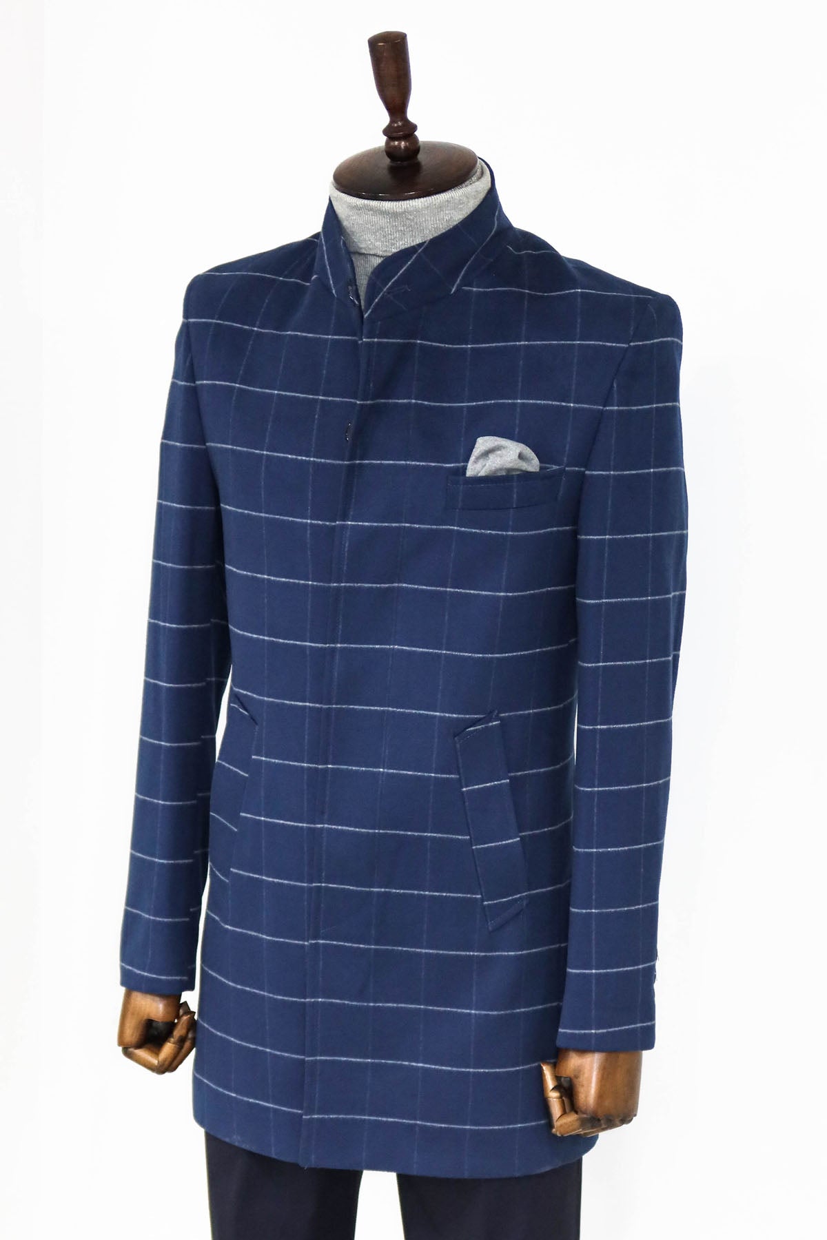 Standing Collar Plaid Blue Men Coat