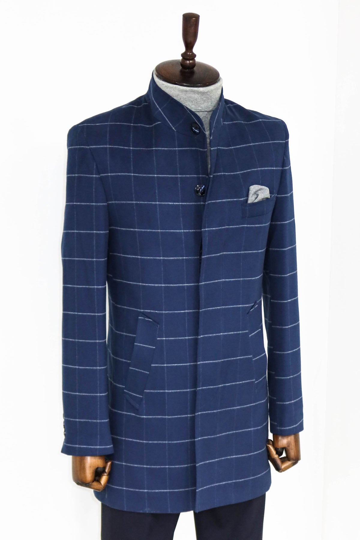 Standing Collar Plaid Blue Men Coat