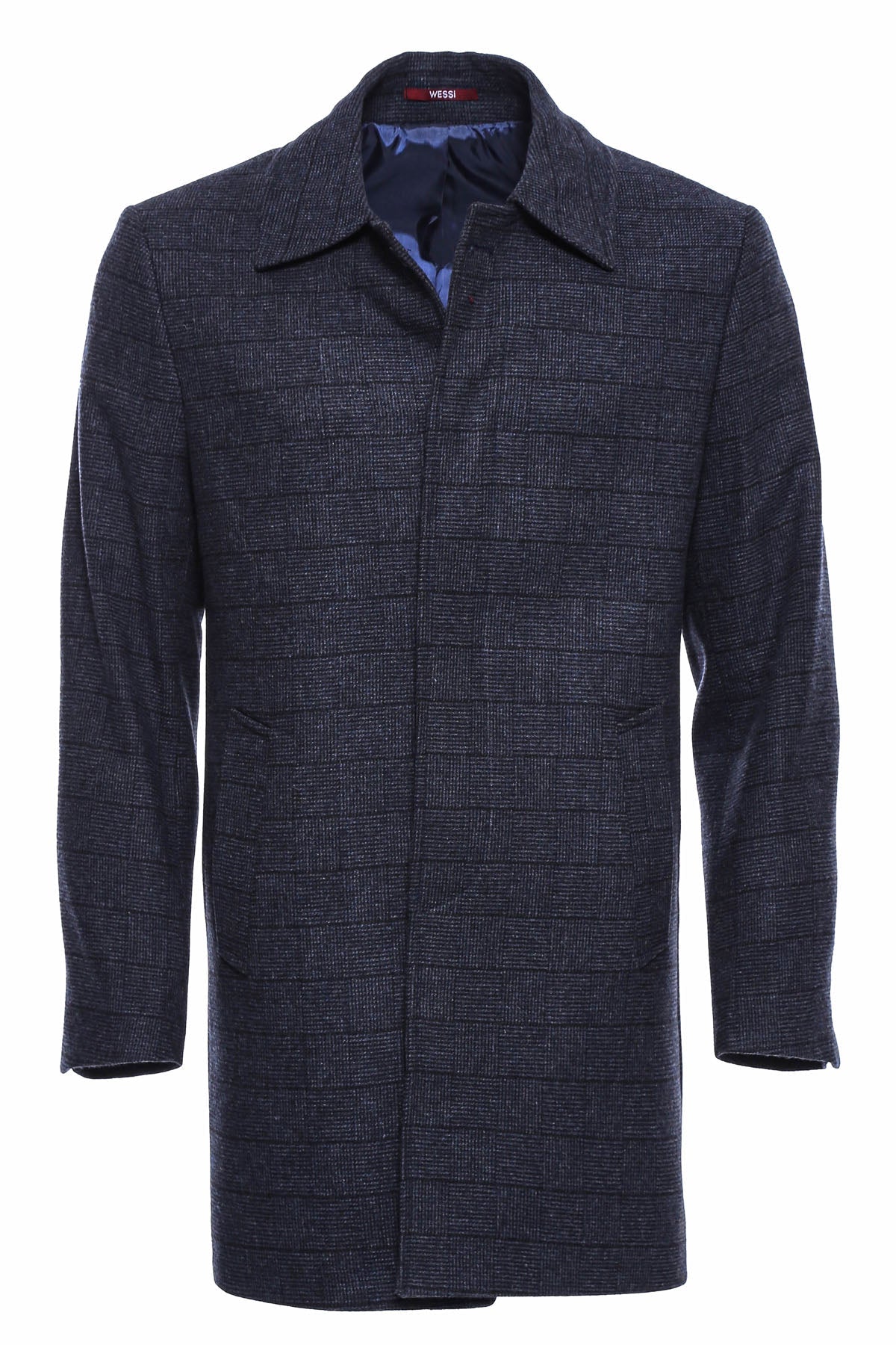Navy Checked Hidden Button Peak Lapel Coat