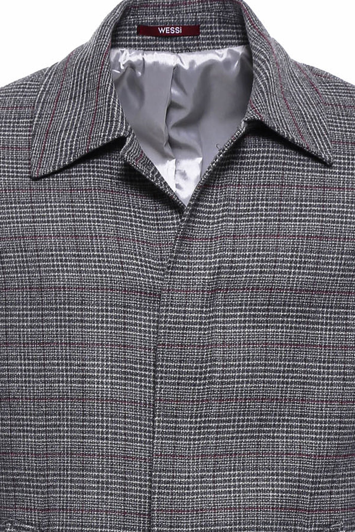 Grey Checked Hidden Button Peak Lapel Coat