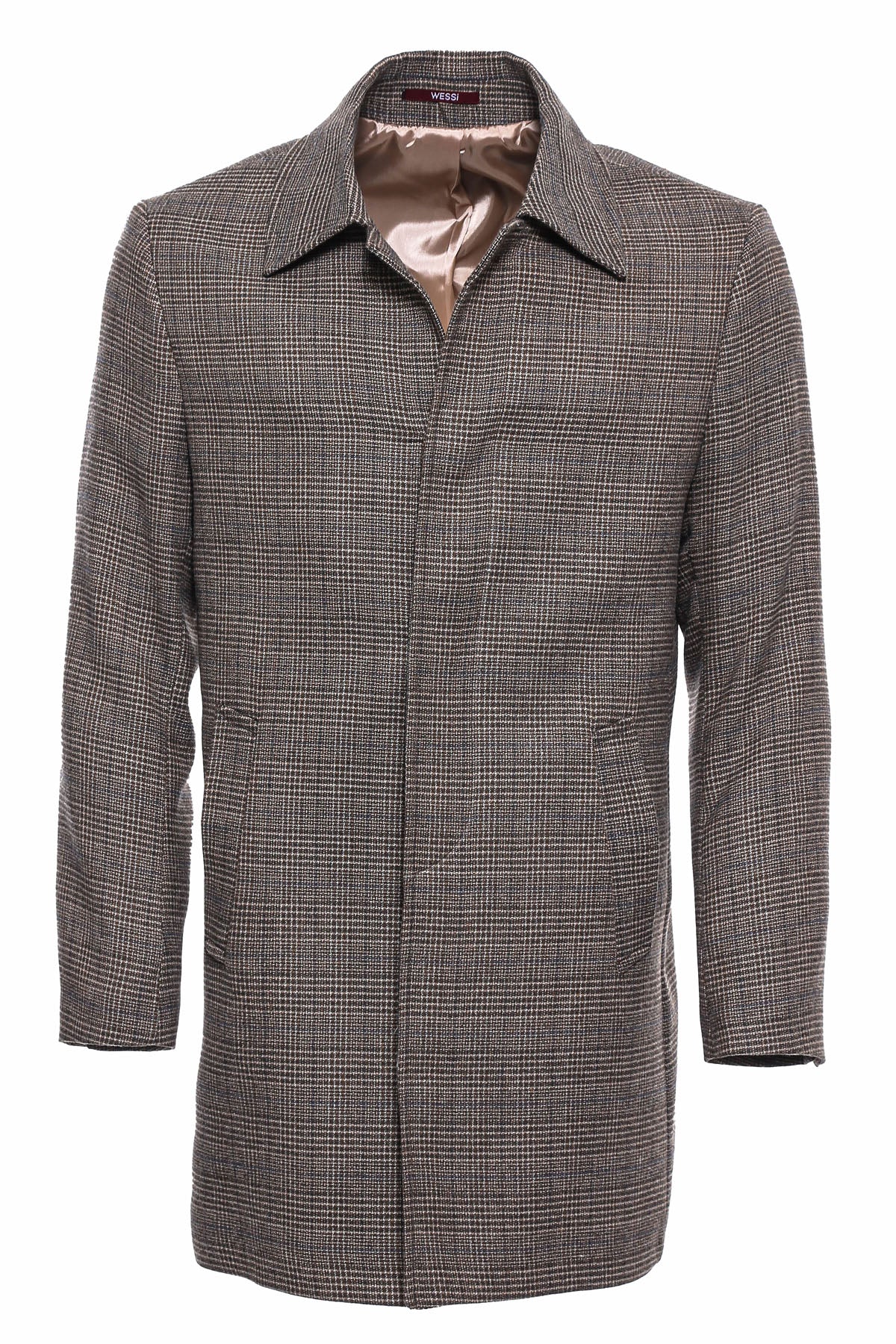 Brown Checked Hidden Button Coat