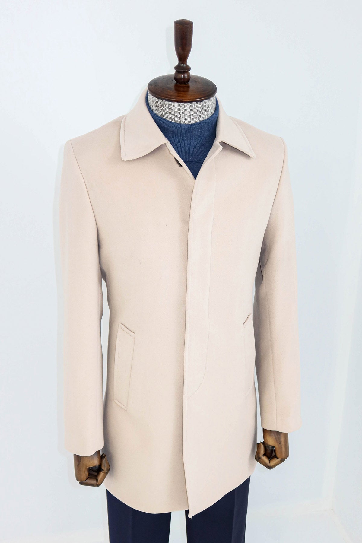 Plain Hidden Button Beige Men Coat