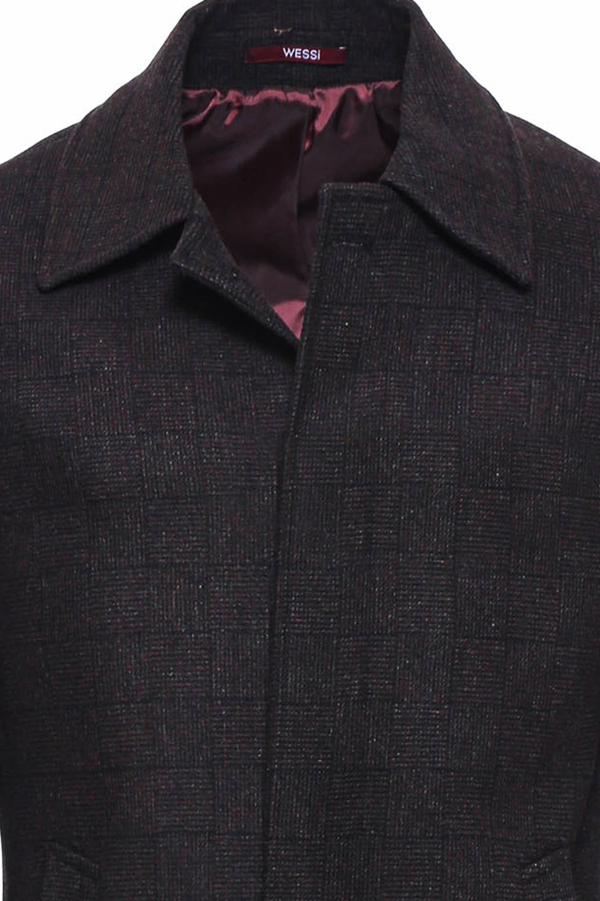 Burgundy Checked Hidden Button Peak Lapel Coat