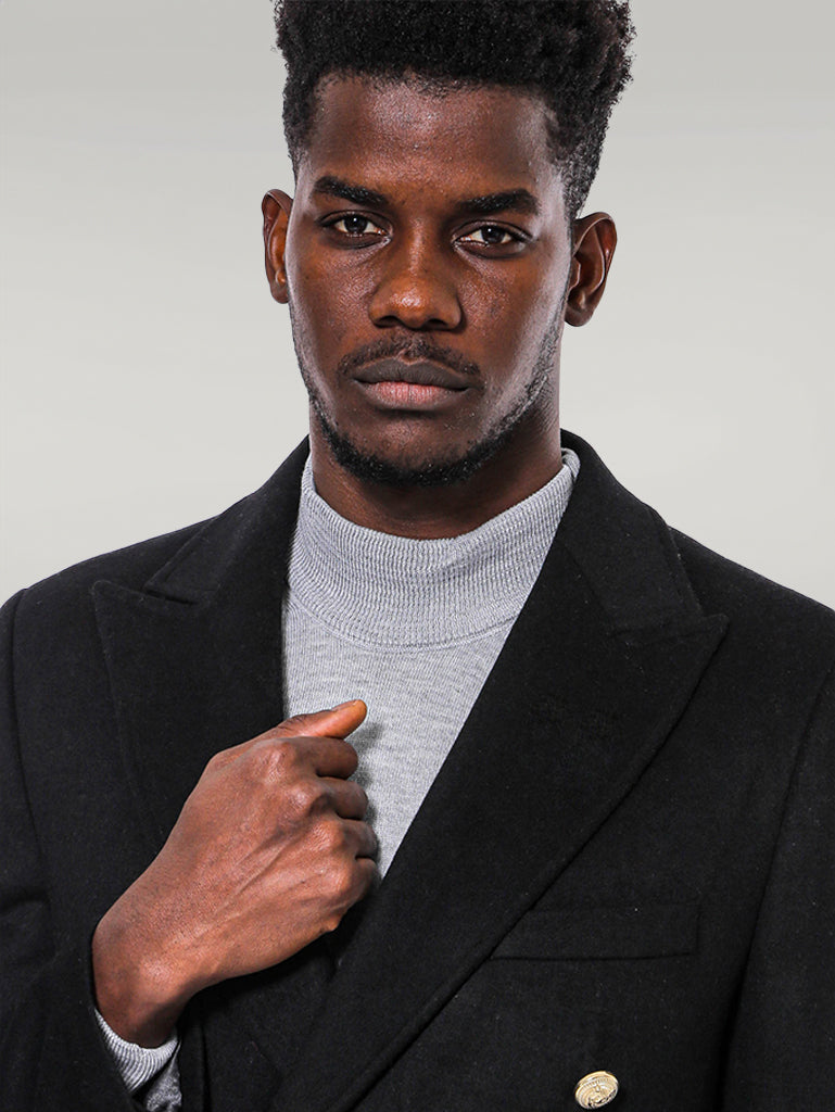 Metal Buttoned Double Breasted Black Men Long Coat