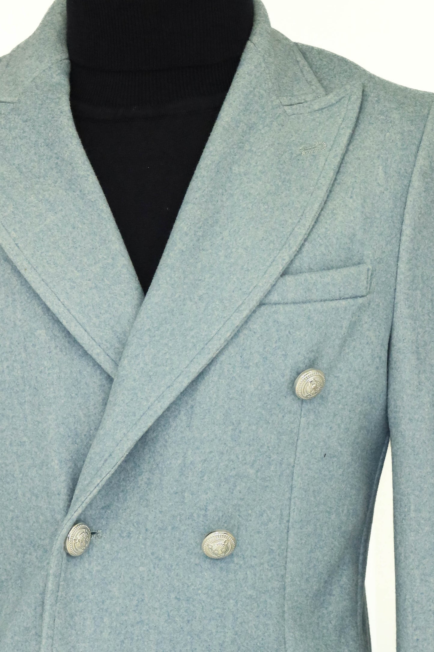 Metal Buttons Wool Cashmere Light Blue Men Double Breasted Coat