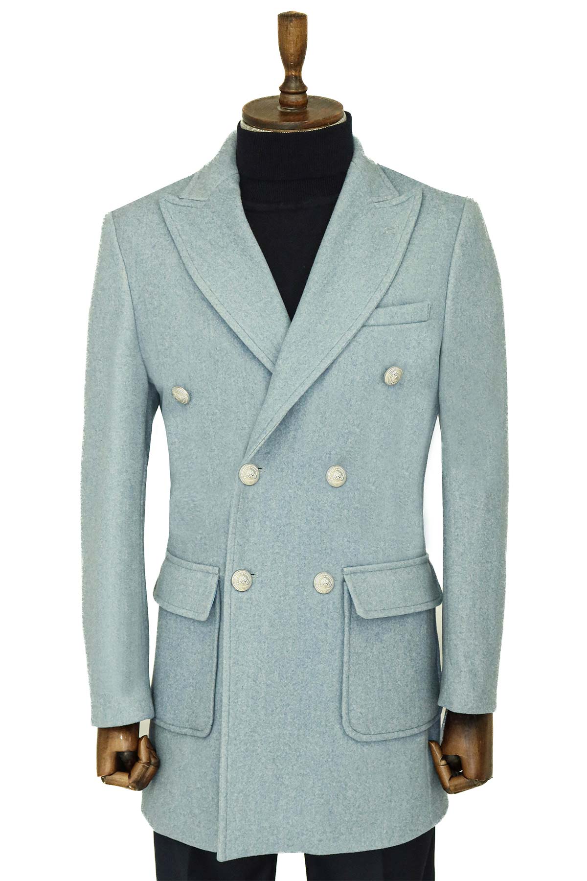 Metal Buttons Wool Cashmere Light Blue Men Double Breasted Coat