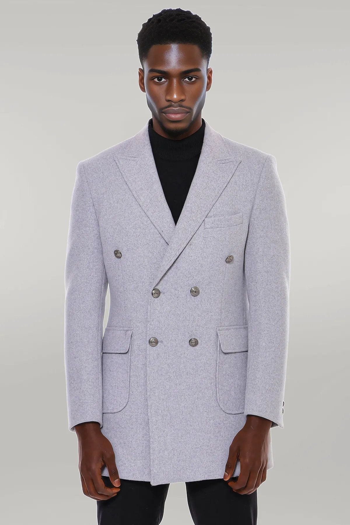 Grey Metal Buttoned Double Breasted Long Coat