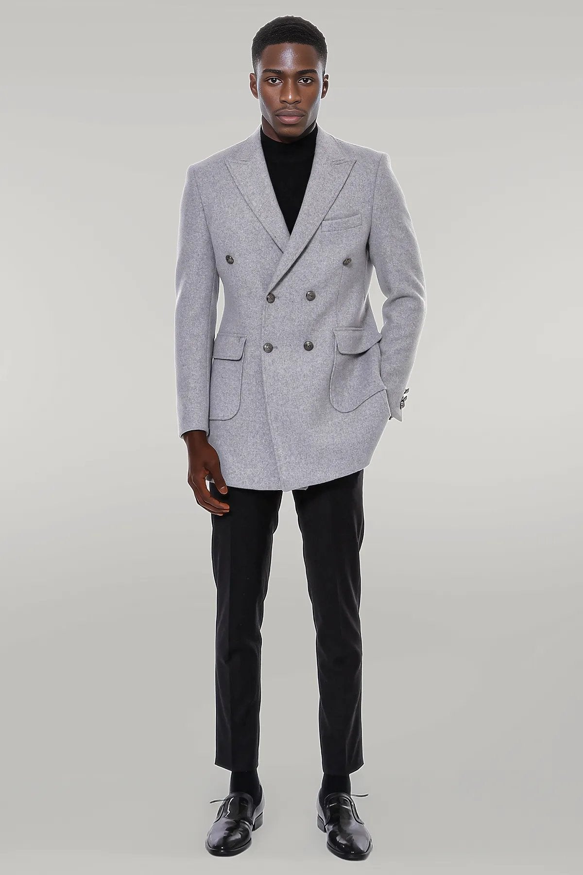 Grey Metal Buttoned Double Breasted Long Coat