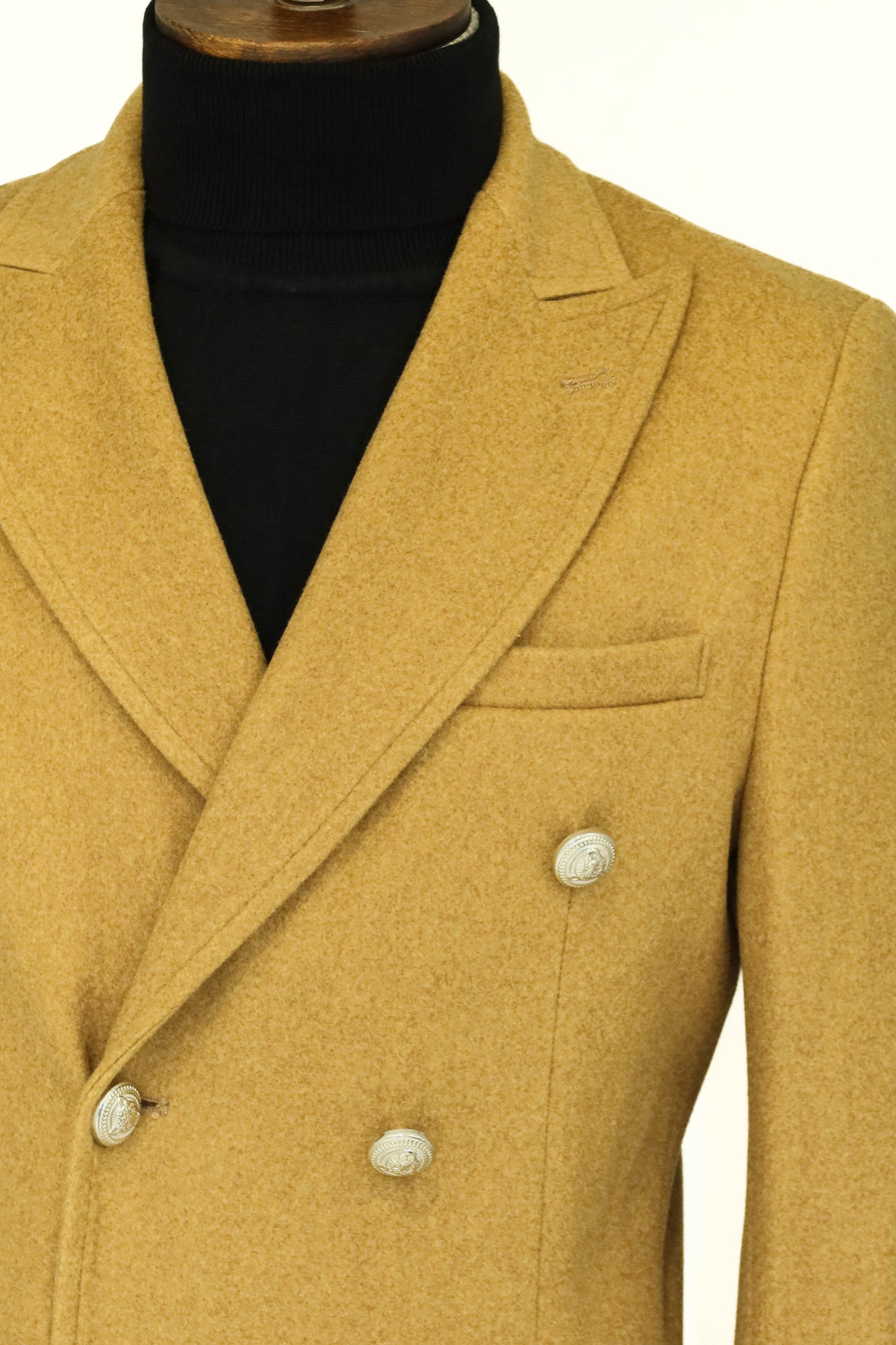 Metal Buttons Wool Cashmere Tan Men Double Breasted Coat