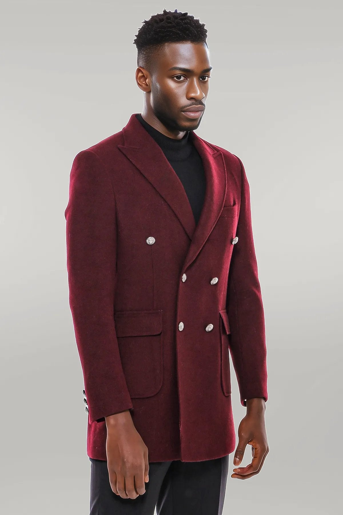 Metal Buttoned Double Breasted Burgundy Men Long Coat