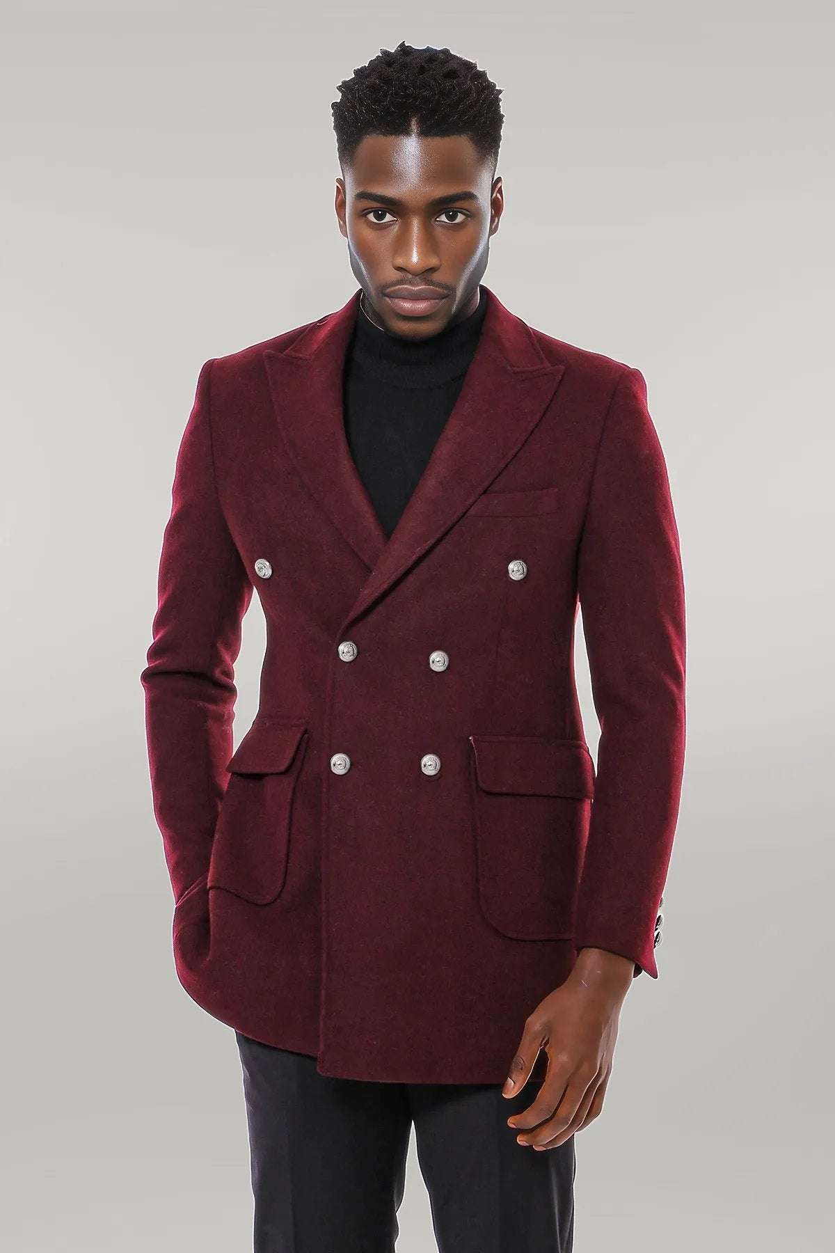 Metal Buttoned Double Breasted Burgundy Men Long Coat