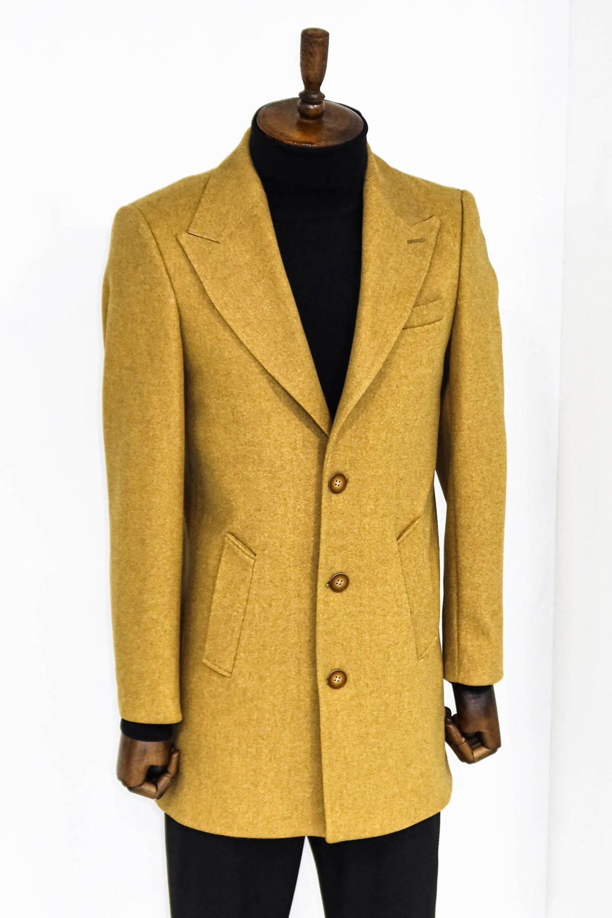 Wide Lapel Wool Mustard Men Coat