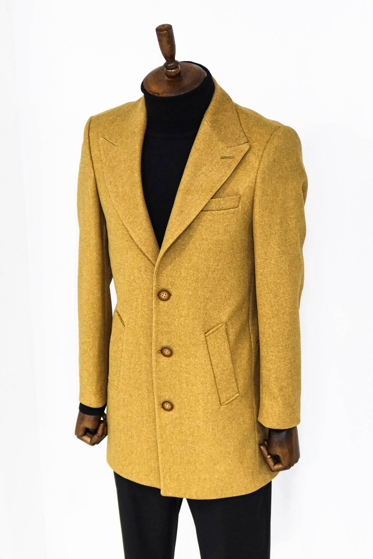 Wide Lapel Wool Mustard Men Coat