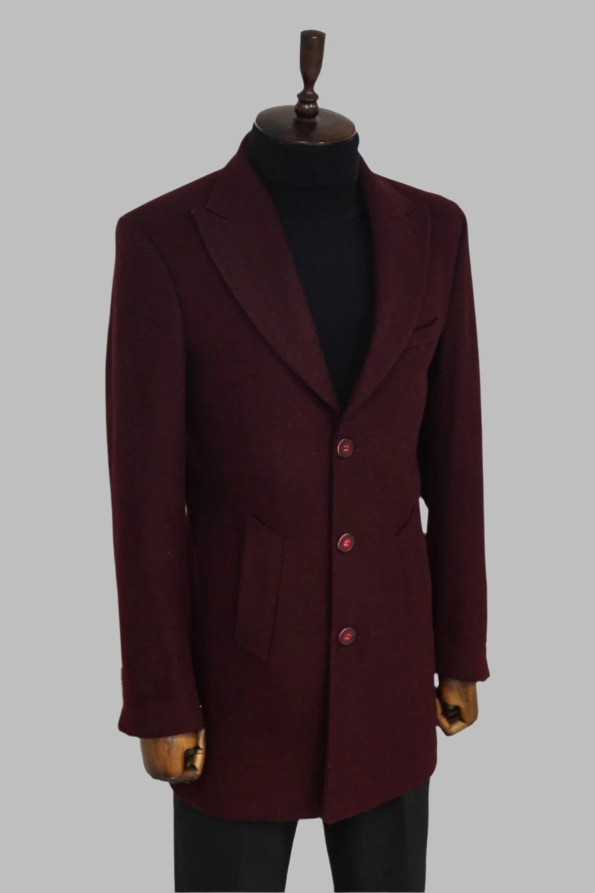 Wide Lapel Wool Burgundy Men Coat