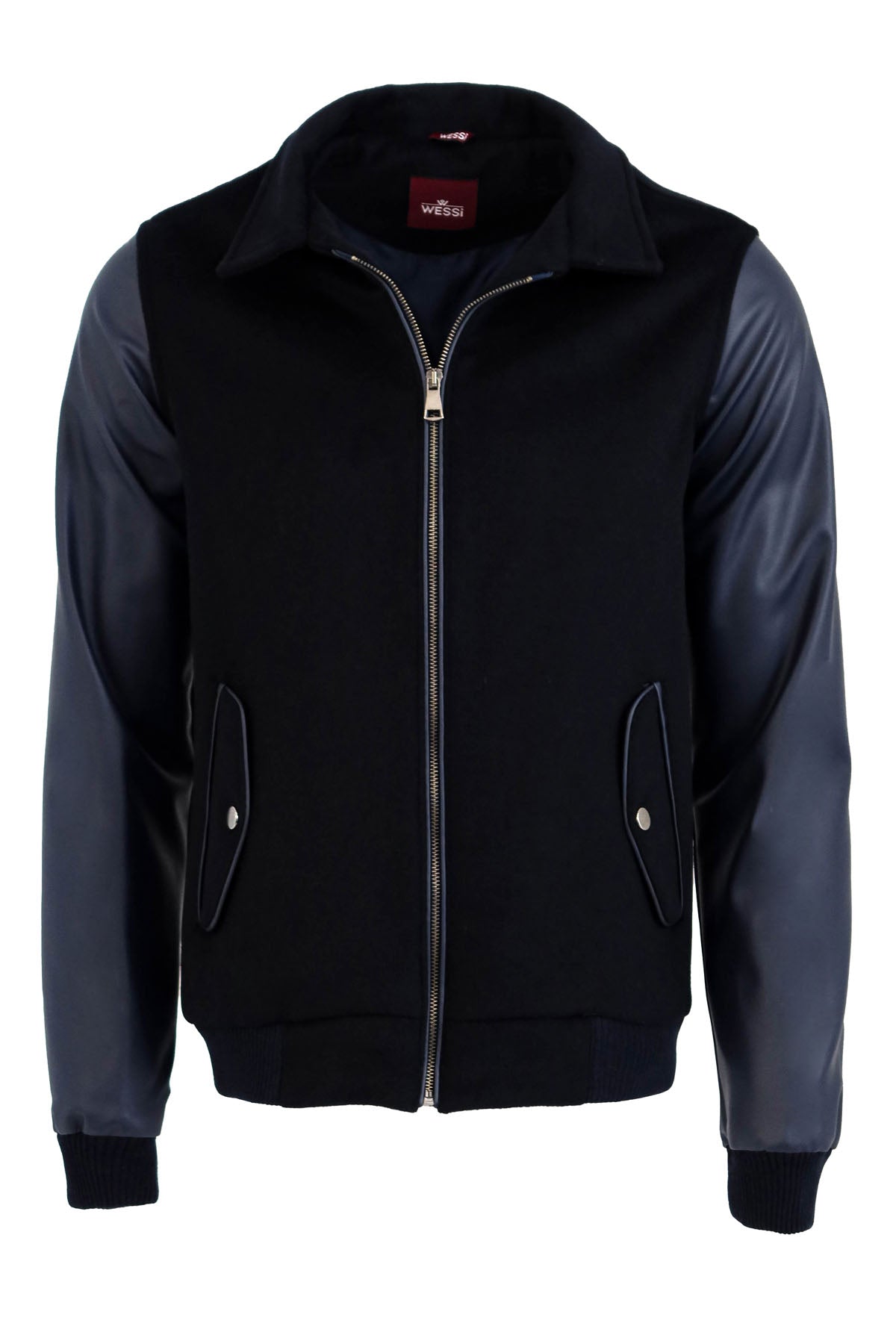 Leather Sleeve Navy Blue Cachet Coat