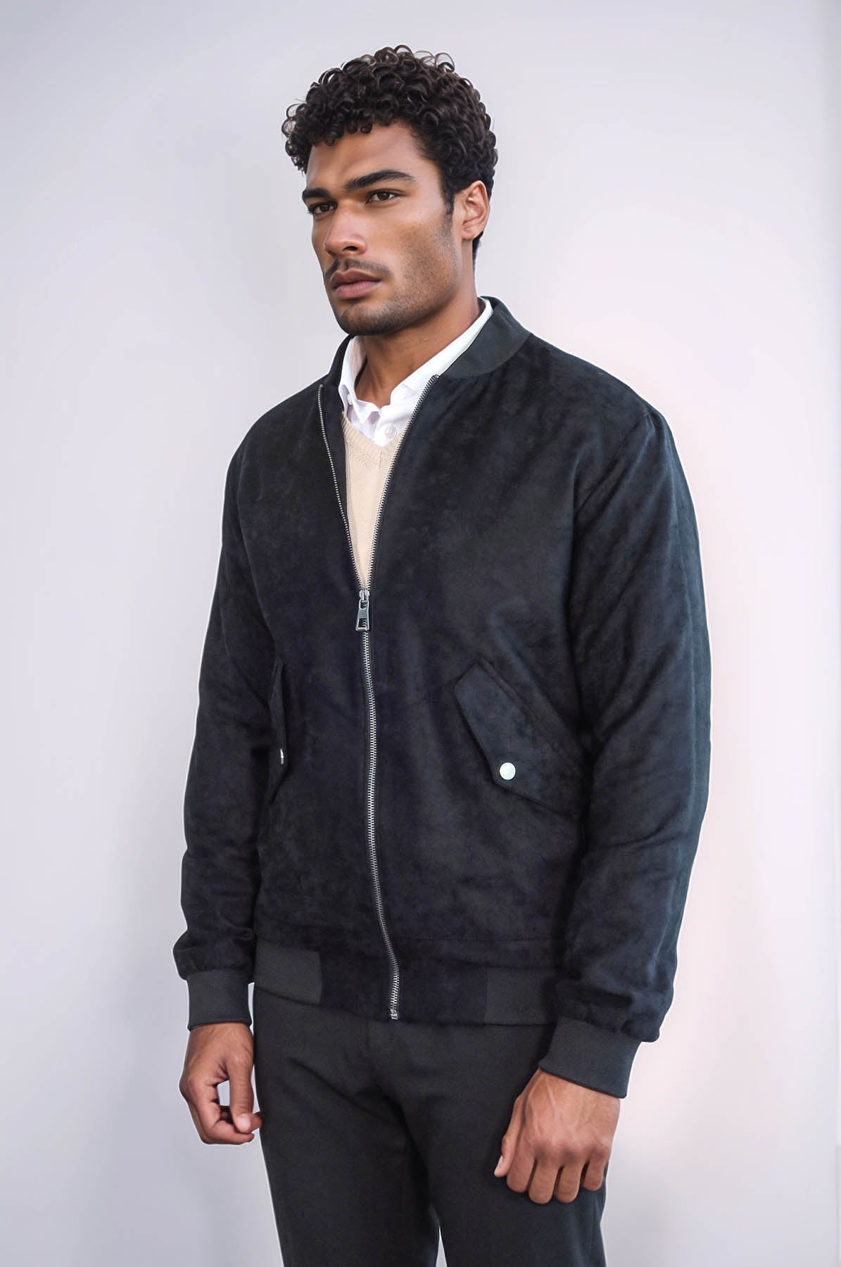 KOALA SYDNEY Flap Pockets Suede Black Men Bomber Coat