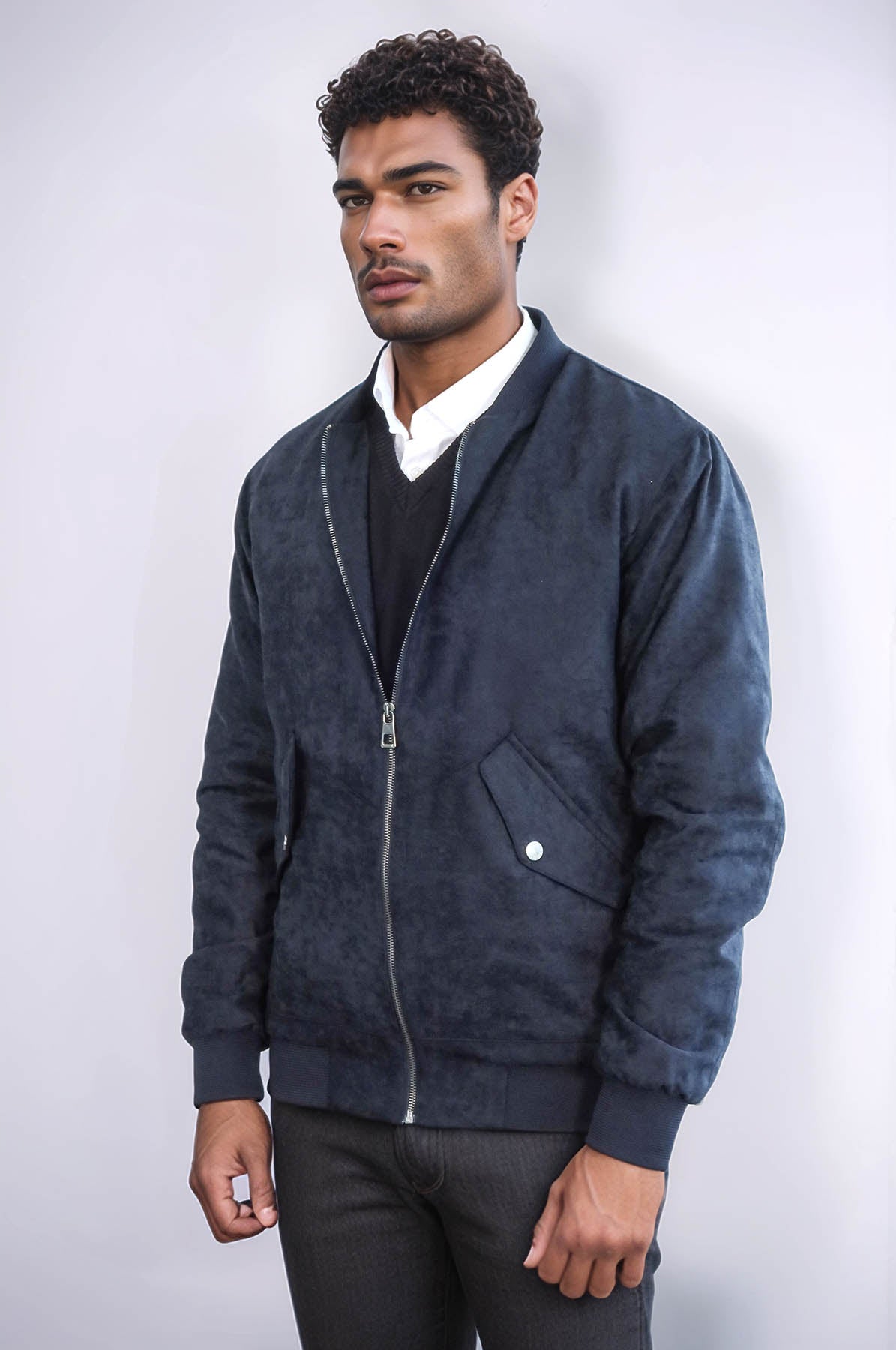 KOALA SYDNEY Flap Pockets Suede Dark Blue Men Bomber Coat