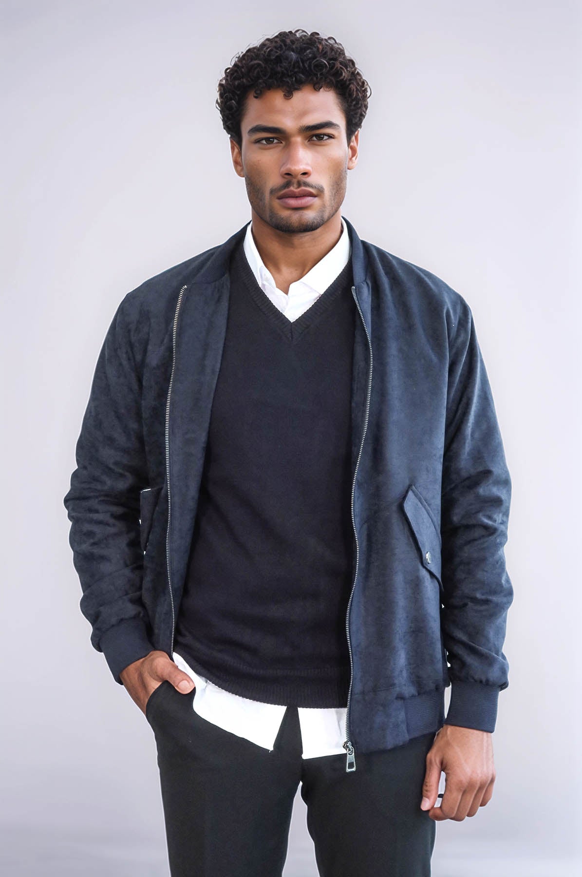 KOALA SYDNEY Flap Pockets Suede Dark Blue Men Bomber Coat