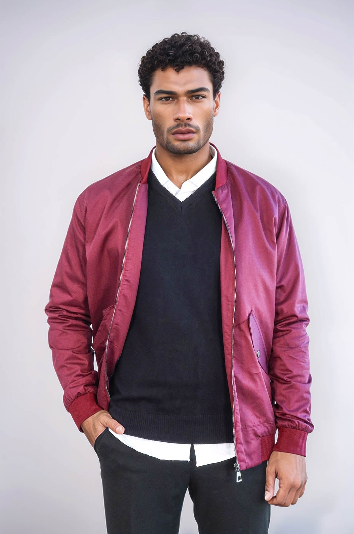 KOALA SYDNEY Flap Pockets Zippered Burgundy Men Bomber Coat