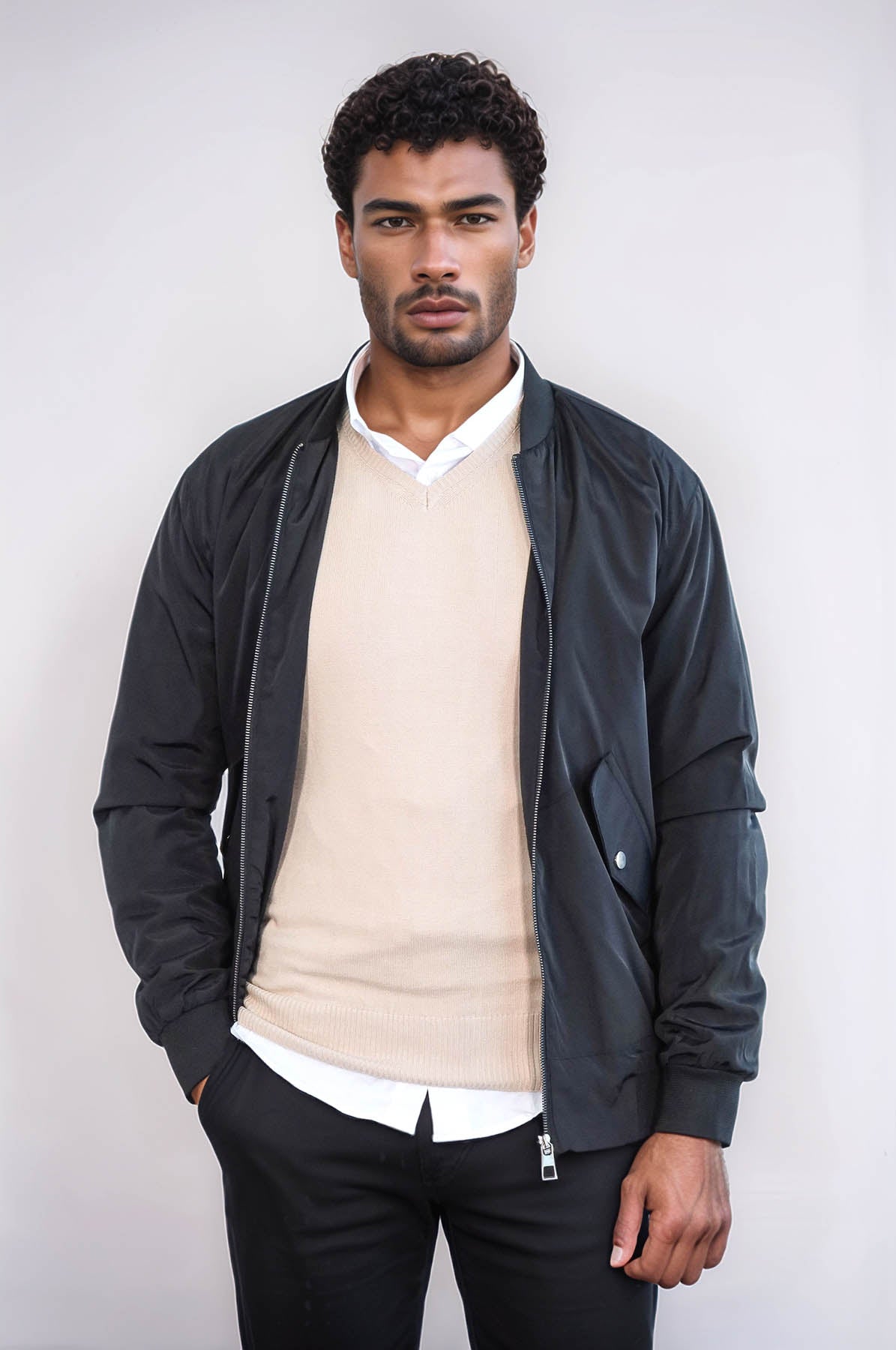 KOALA SYDNEY Flap Pockets Zippered Black Men Bomber Coat