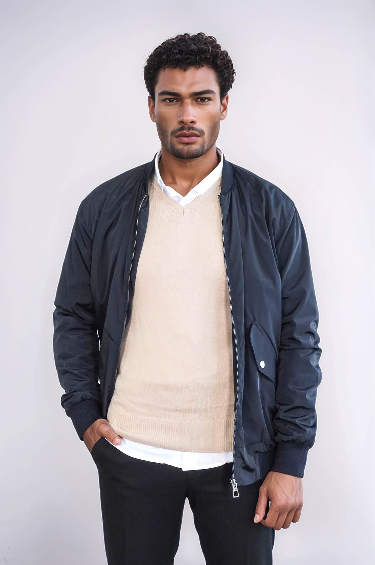 KOALA SYDNEY Zippered Flap Pockets Navy Blue Men Bomber Coat