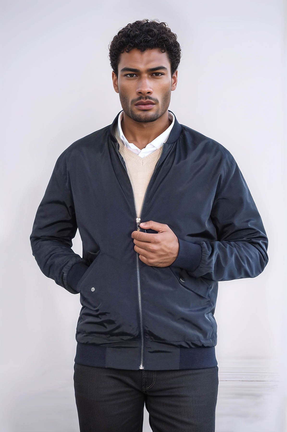 KOALA SYDNEY Zippered Flap Pockets Navy Blue Men Bomber Coat