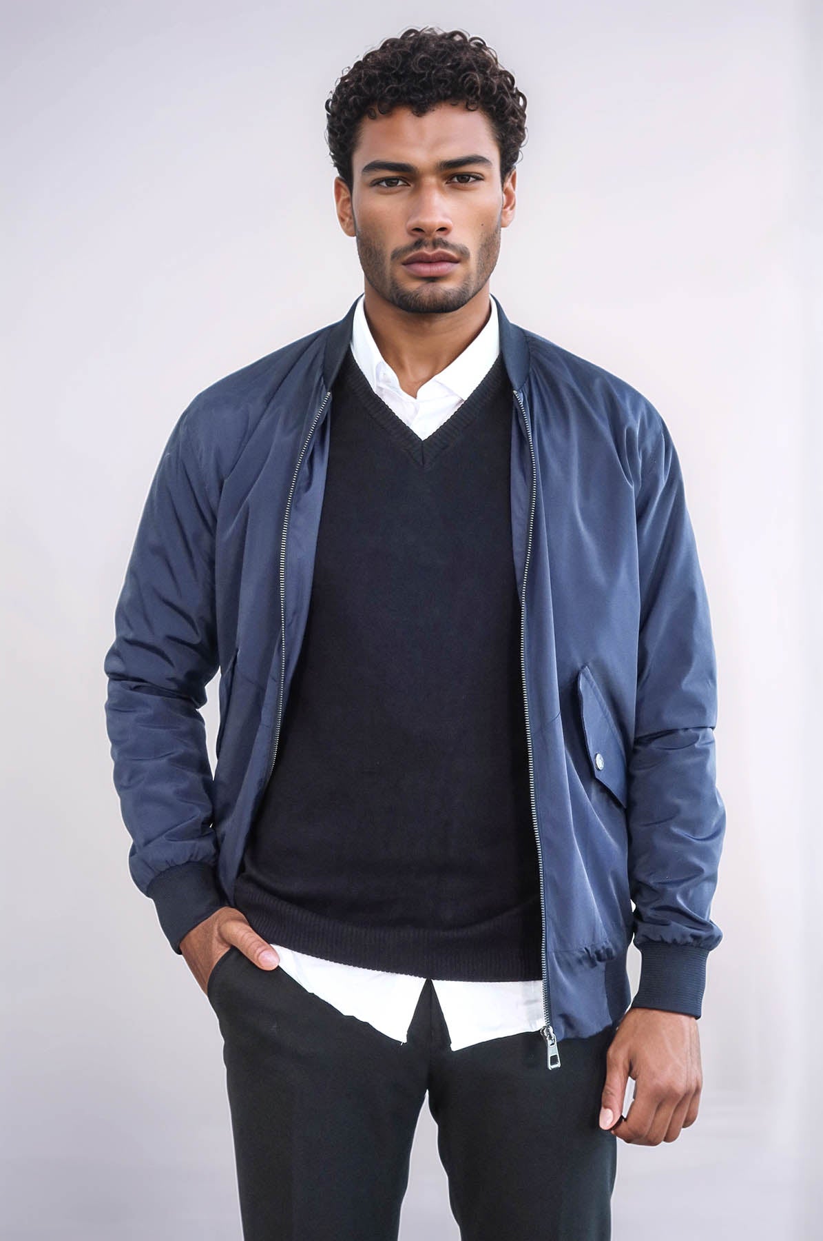 KOALA SYDNEY Flap Pockets Zippered Blue Men Bomber Coat