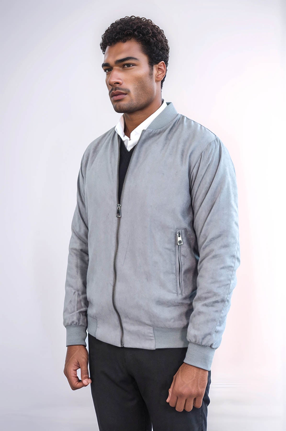 Plain Zippered Pockets Grey Men Bomber Coat - Wessi