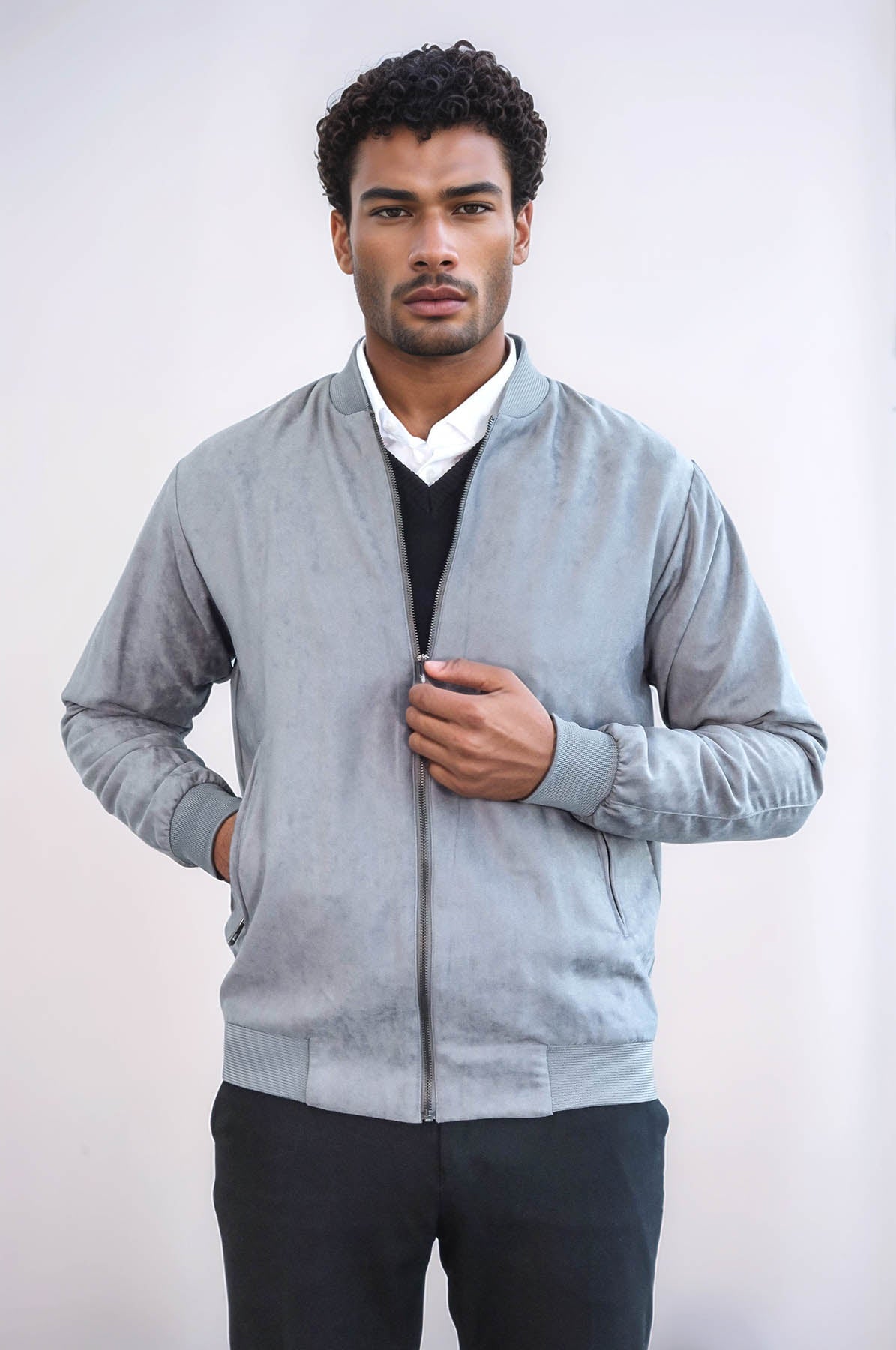 Plain Zippered Pockets Grey Men Bomber Coat - Wessi