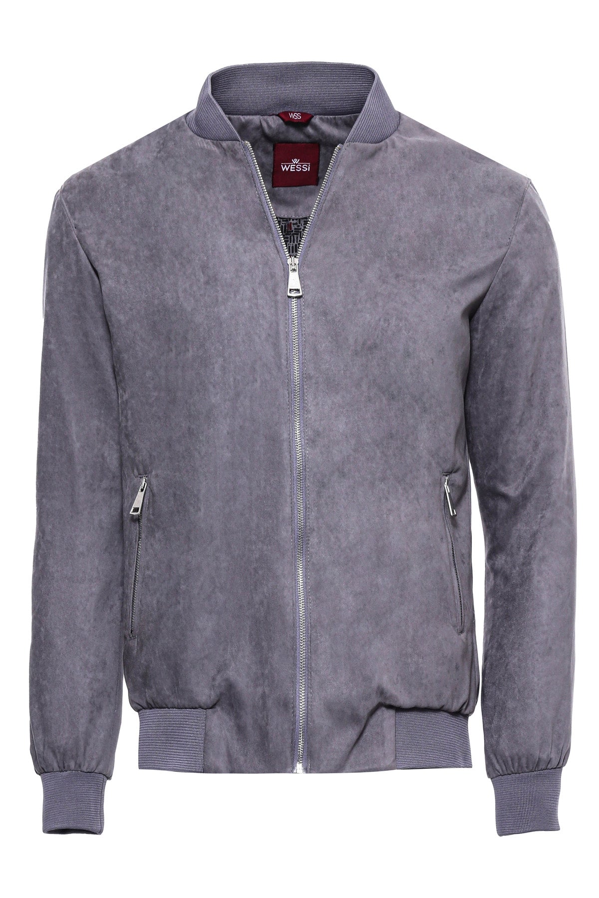 Gray Bomber Jacket, Black Turtleneck Knitwear, and Gray Striped Trousers Look - Wessi City Fashion
