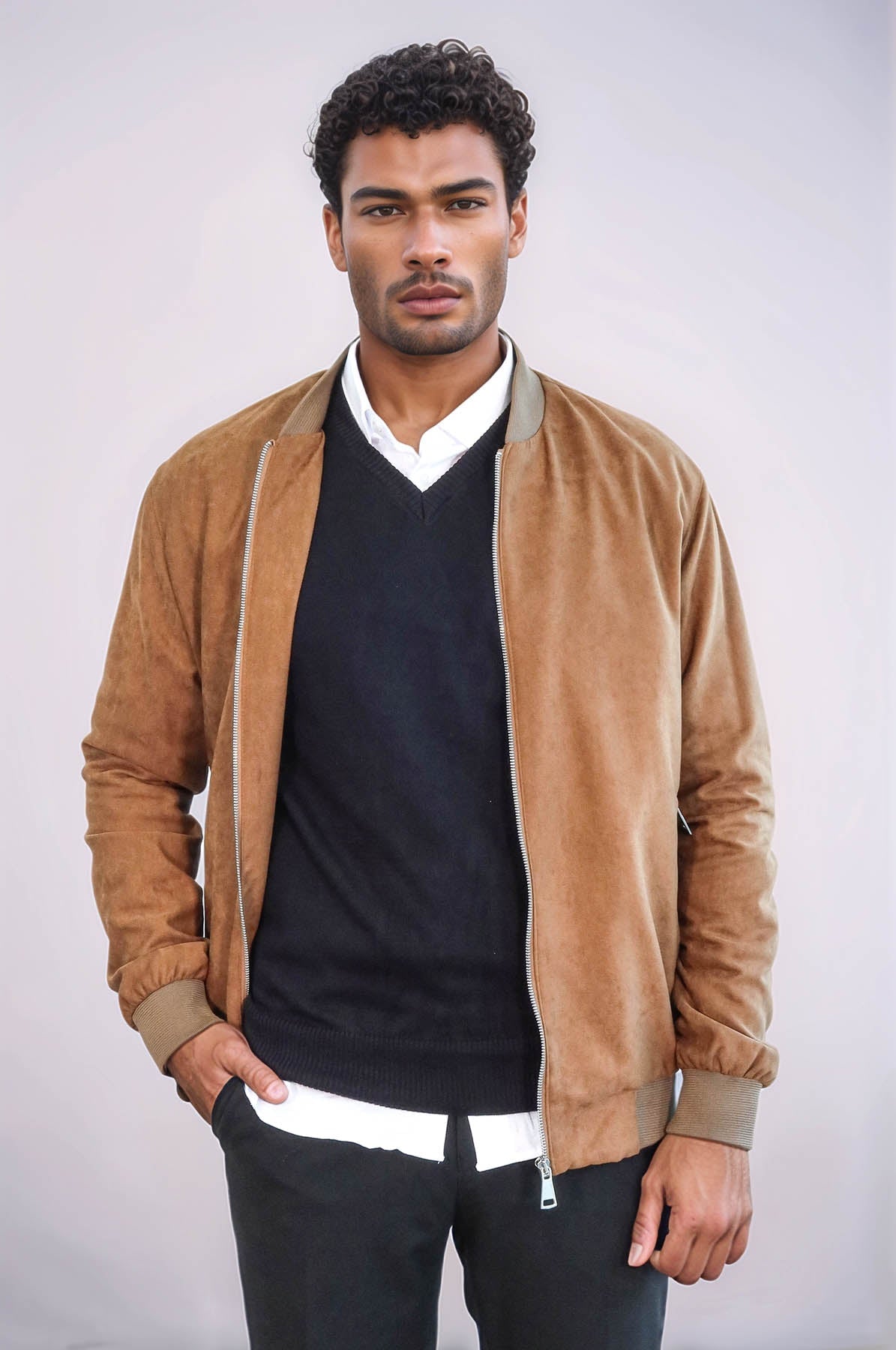 Plain Zippered Pockets Tan Men Bomber Coat - Wessi