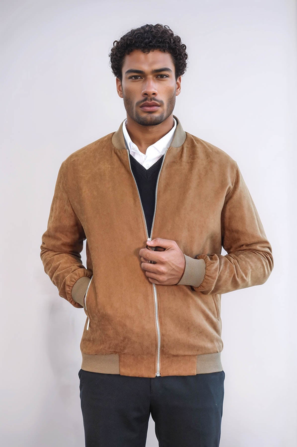 Plain Zippered Pockets Tan Men Bomber Coat - Wessi