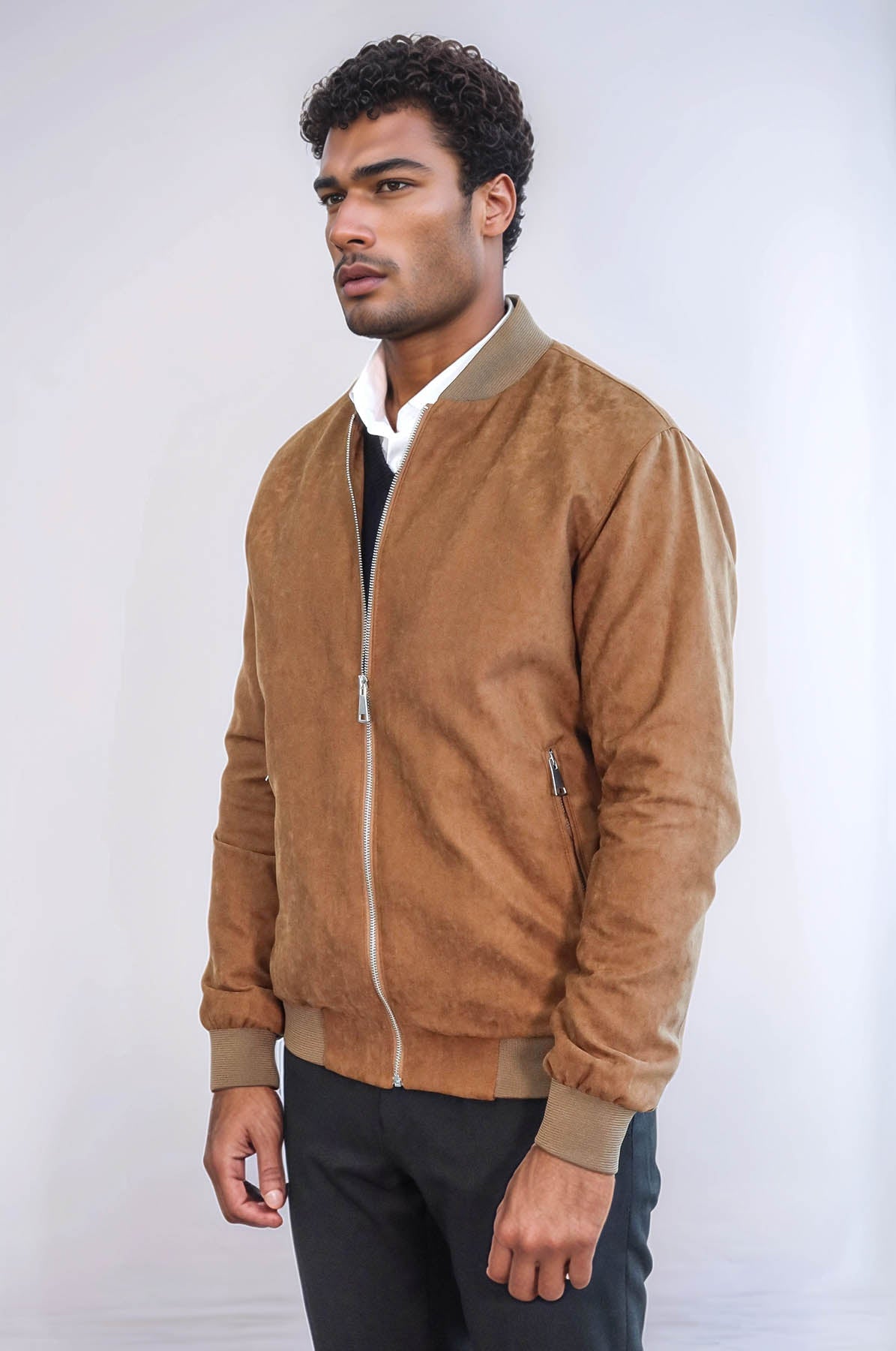 Plain Zippered Pockets Tan Men Bomber Coat - Wessi